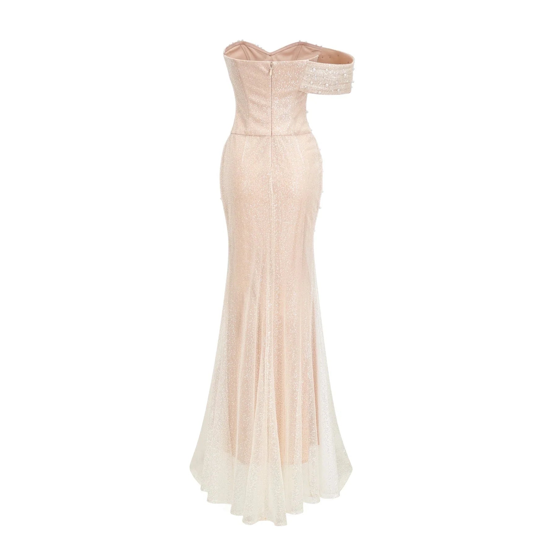 Flavia Maxi Dress - Off the Shoulder - Layered Design - Sequin & Pearl Embellishment - Rear Zip Fastening