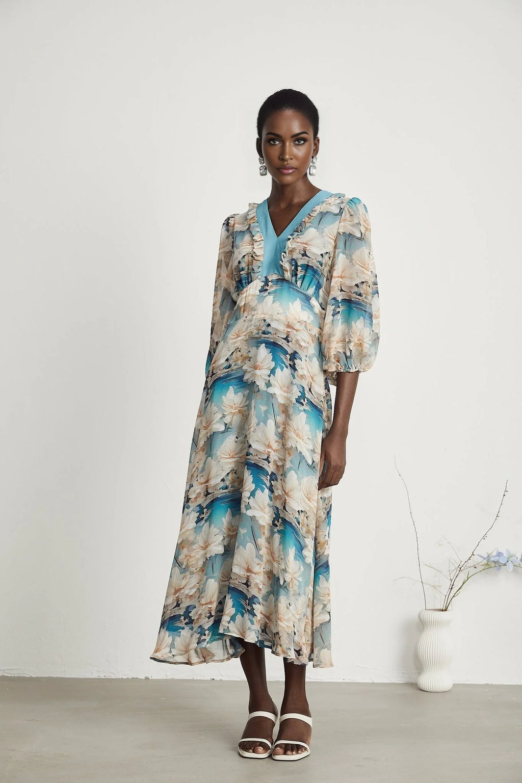 Flavia Midi Dress – V Neck – Long Sleeves – All - over Floral Print