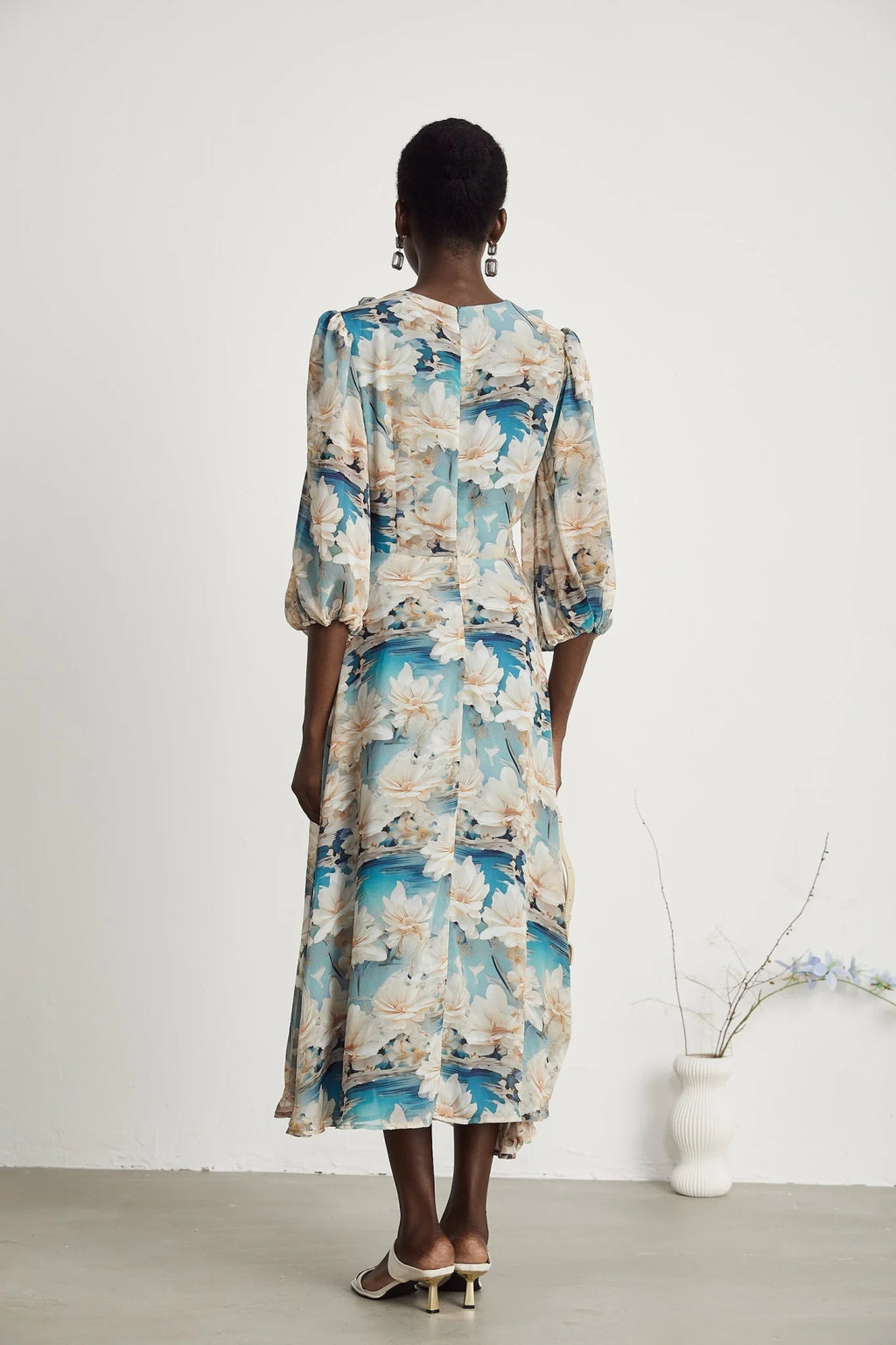 Flavia Midi Dress – V Neck – Long Sleeves – All - over Floral Print