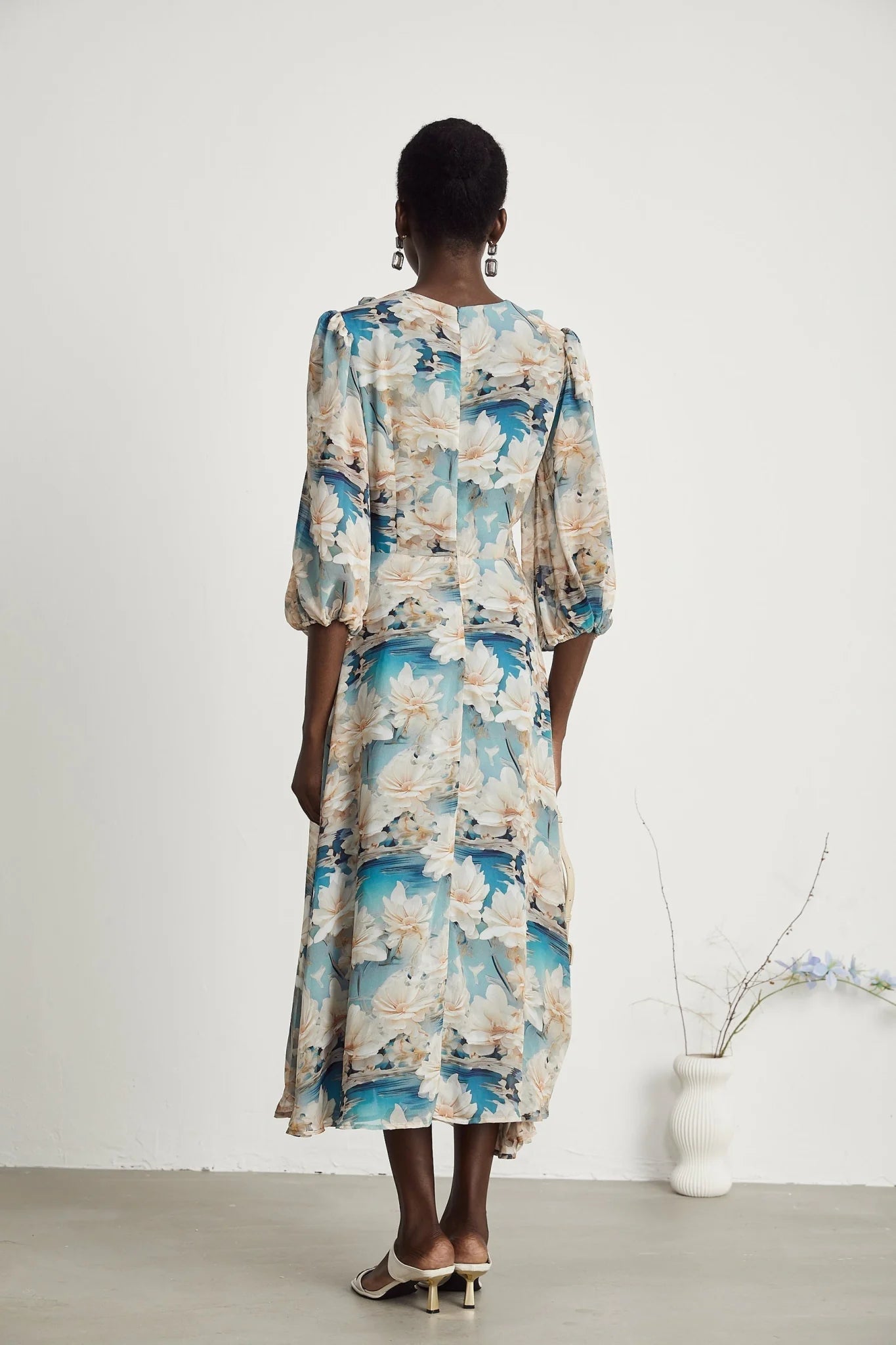Flavia Midi Dress – V Neck – Long Sleeves – All - over Floral Print