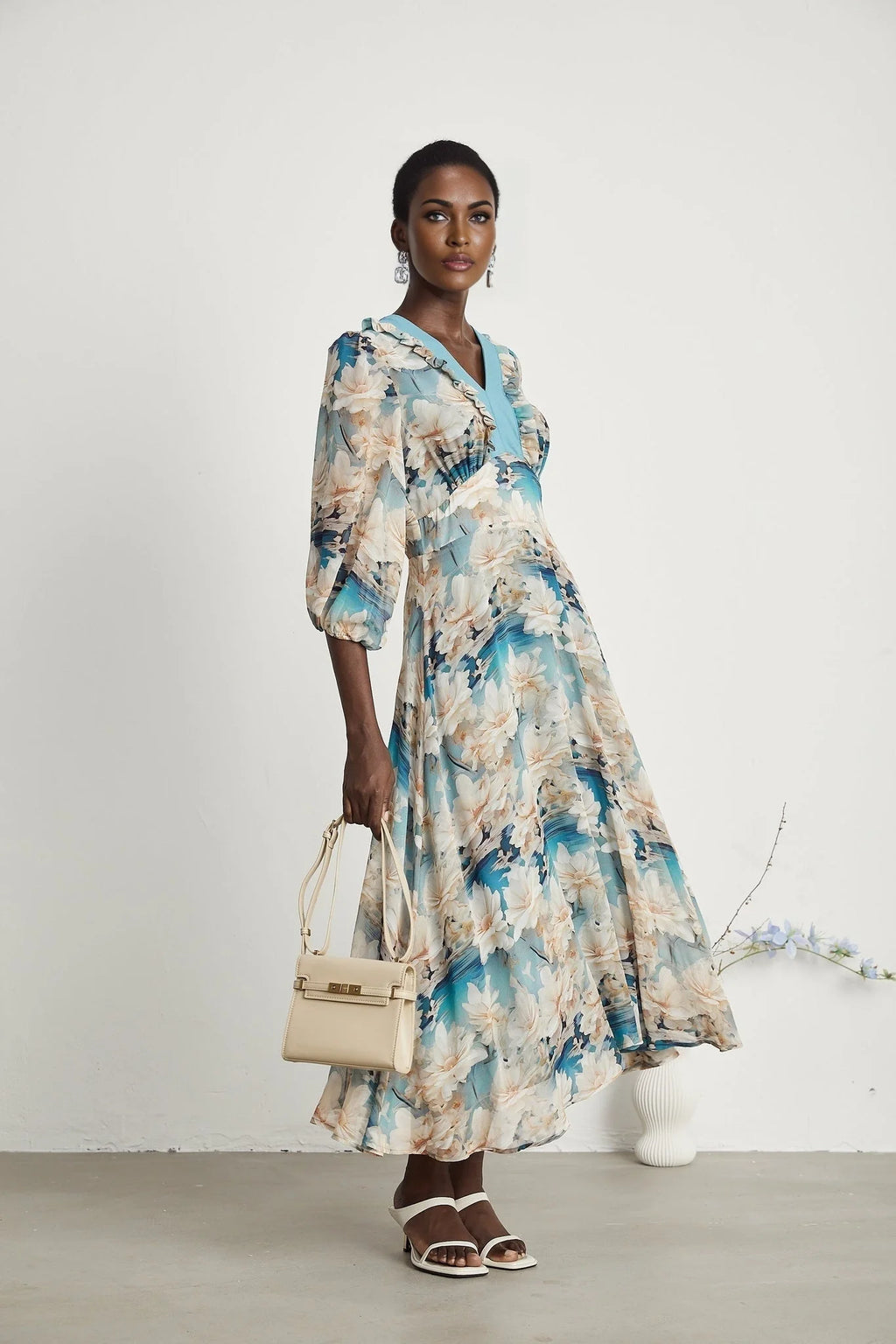 Flavia Midi Dress – V Neck – Long Sleeves – All - over Floral Print