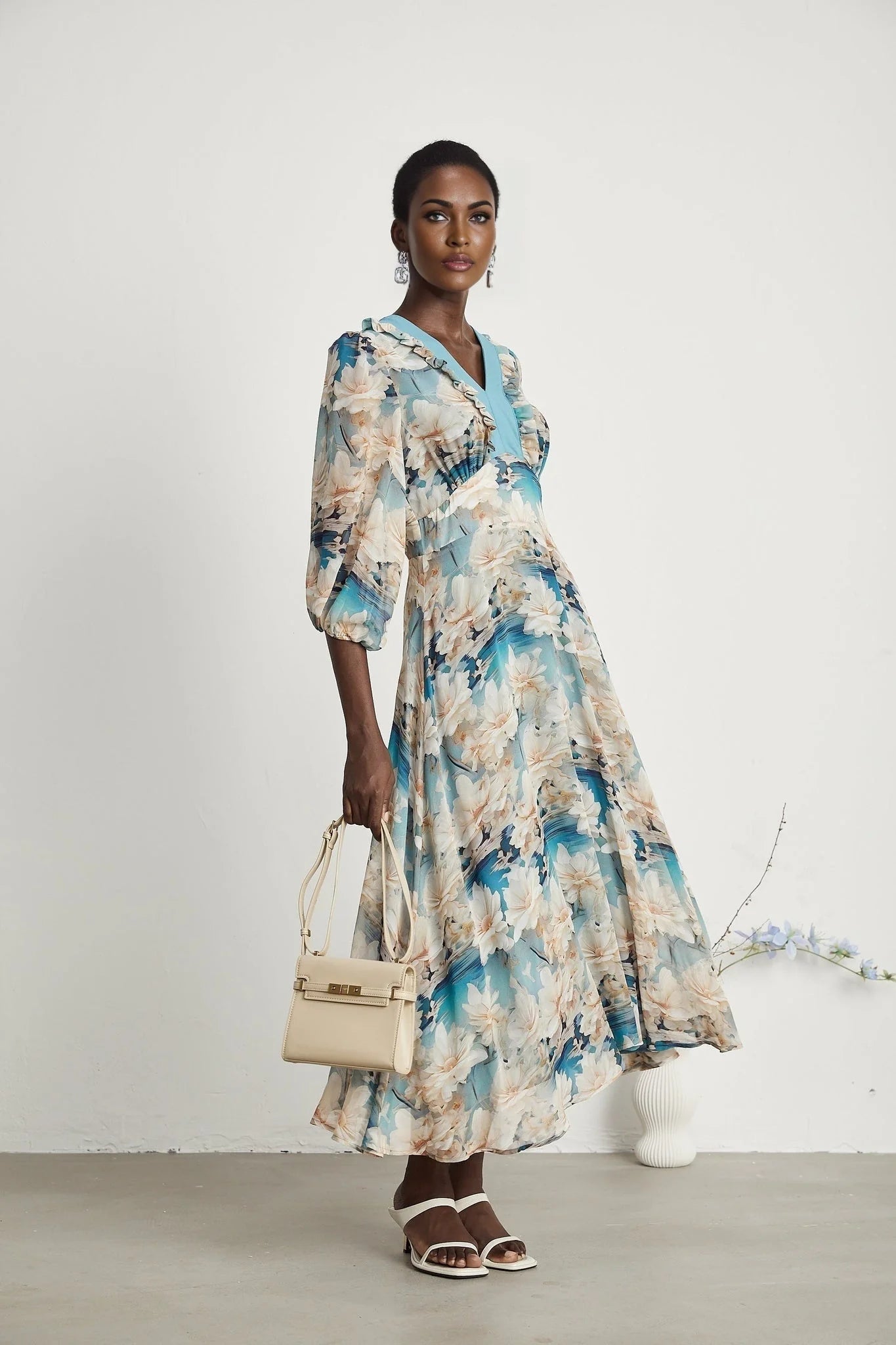 Flavia Midi Dress – V Neck – Long Sleeves – All - over Floral Print