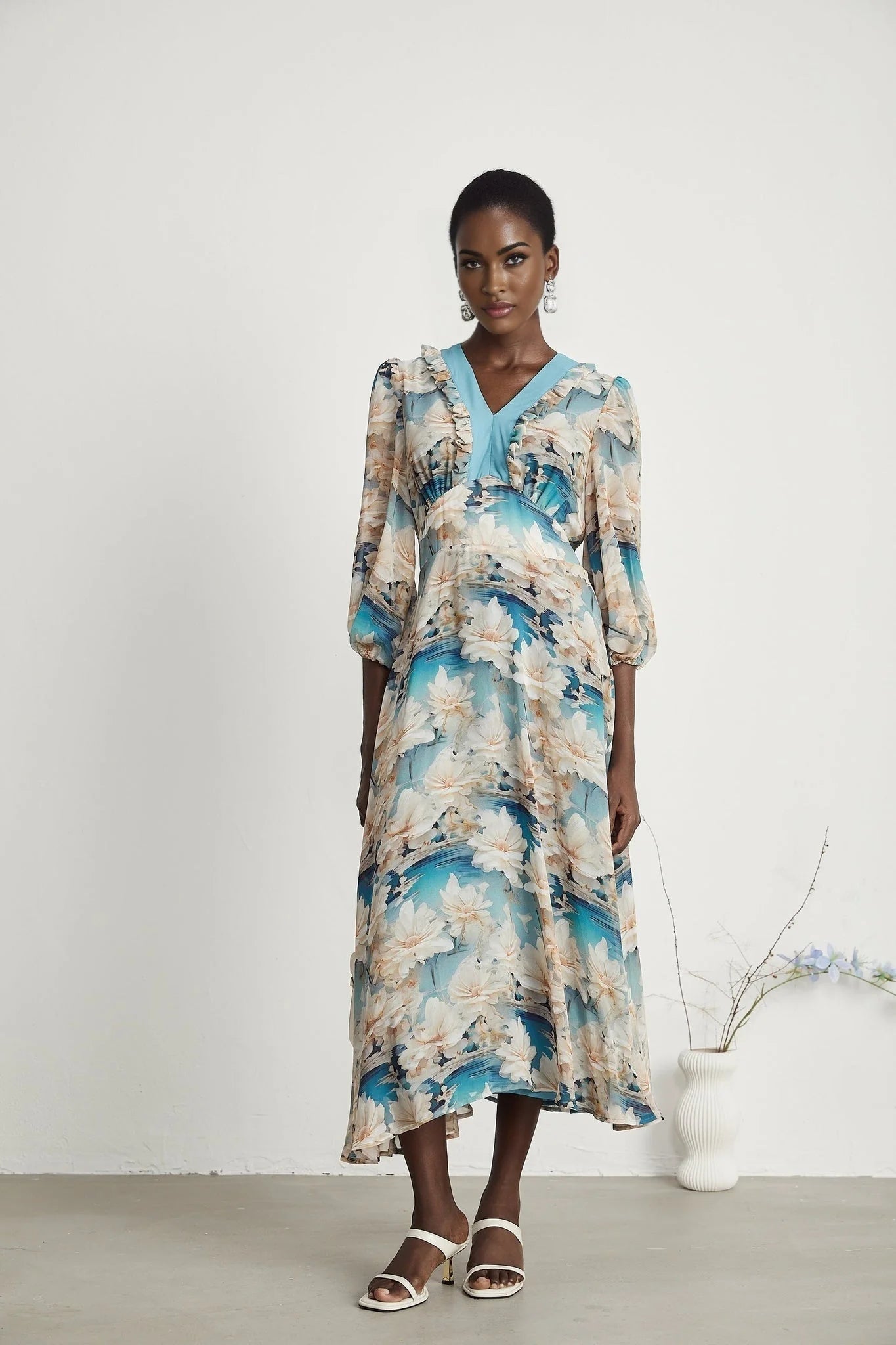 Flavia Midi Dress – V Neck – Long Sleeves – All - over Floral Print