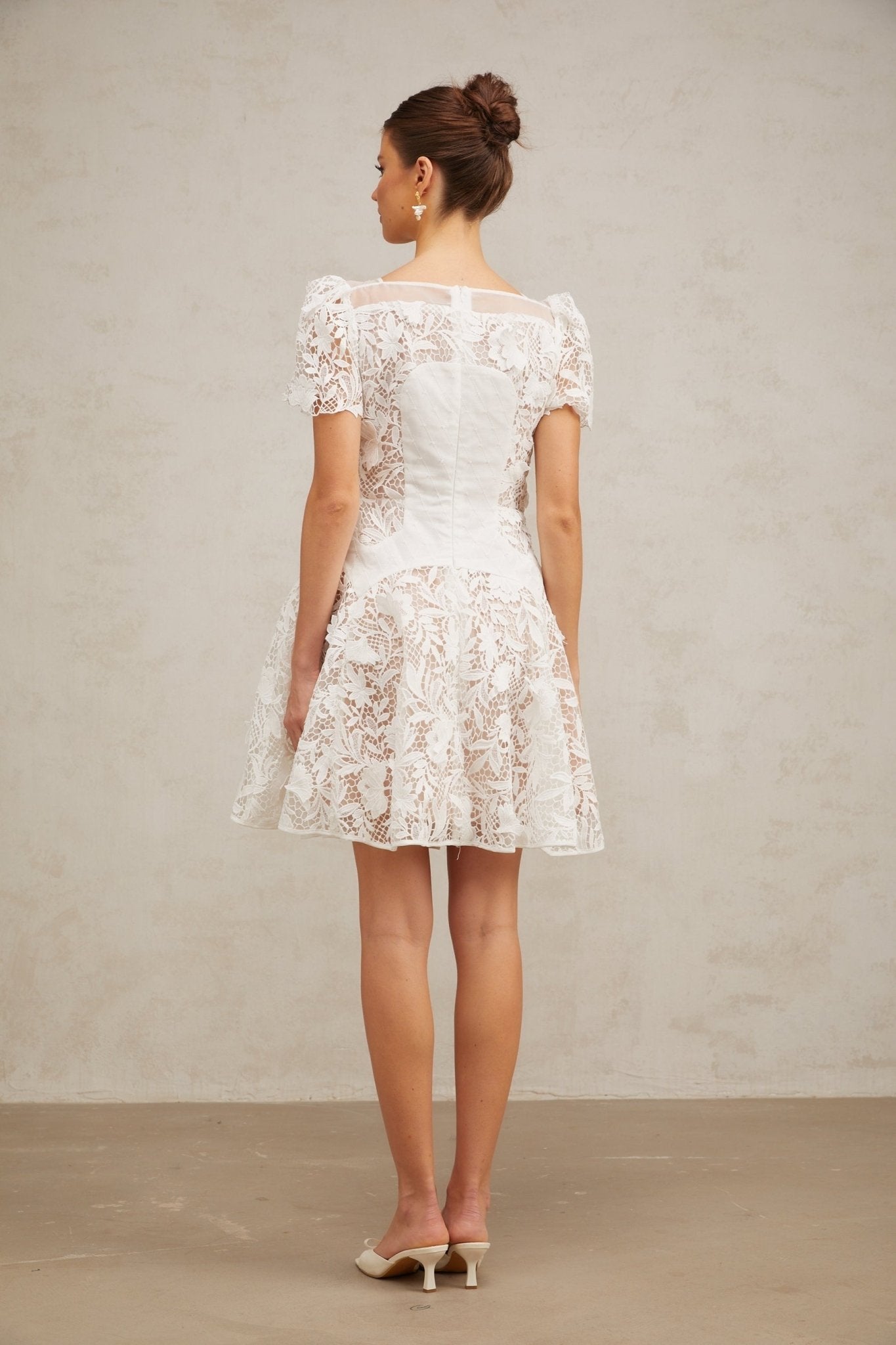 Flavia Mini Dress - Bateau Neck - Floral Lace - Cinched Waist - Puff Skirt
