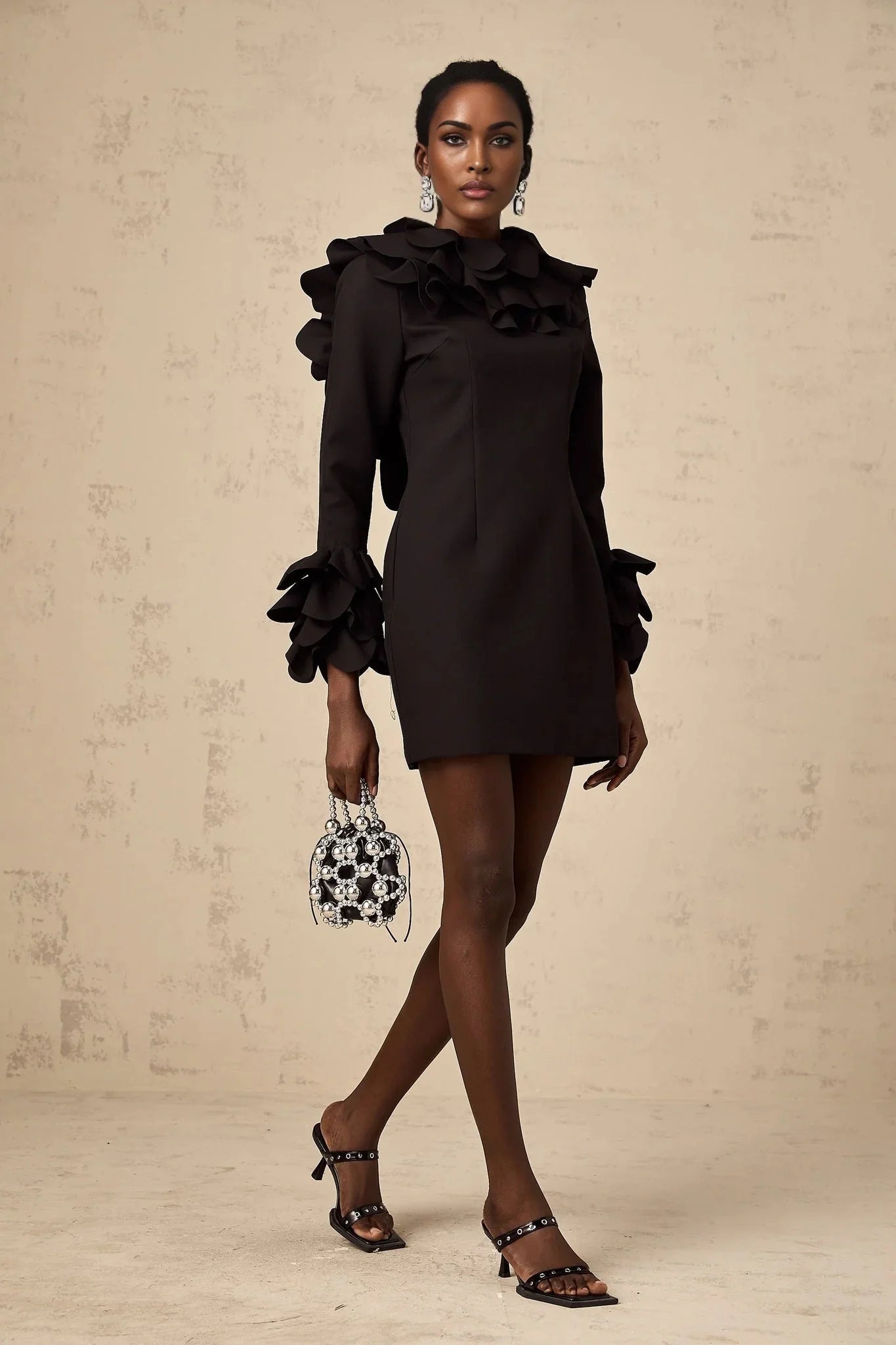 Flavia Mini Dress Black Ruffled Open - Back Thigh - Length