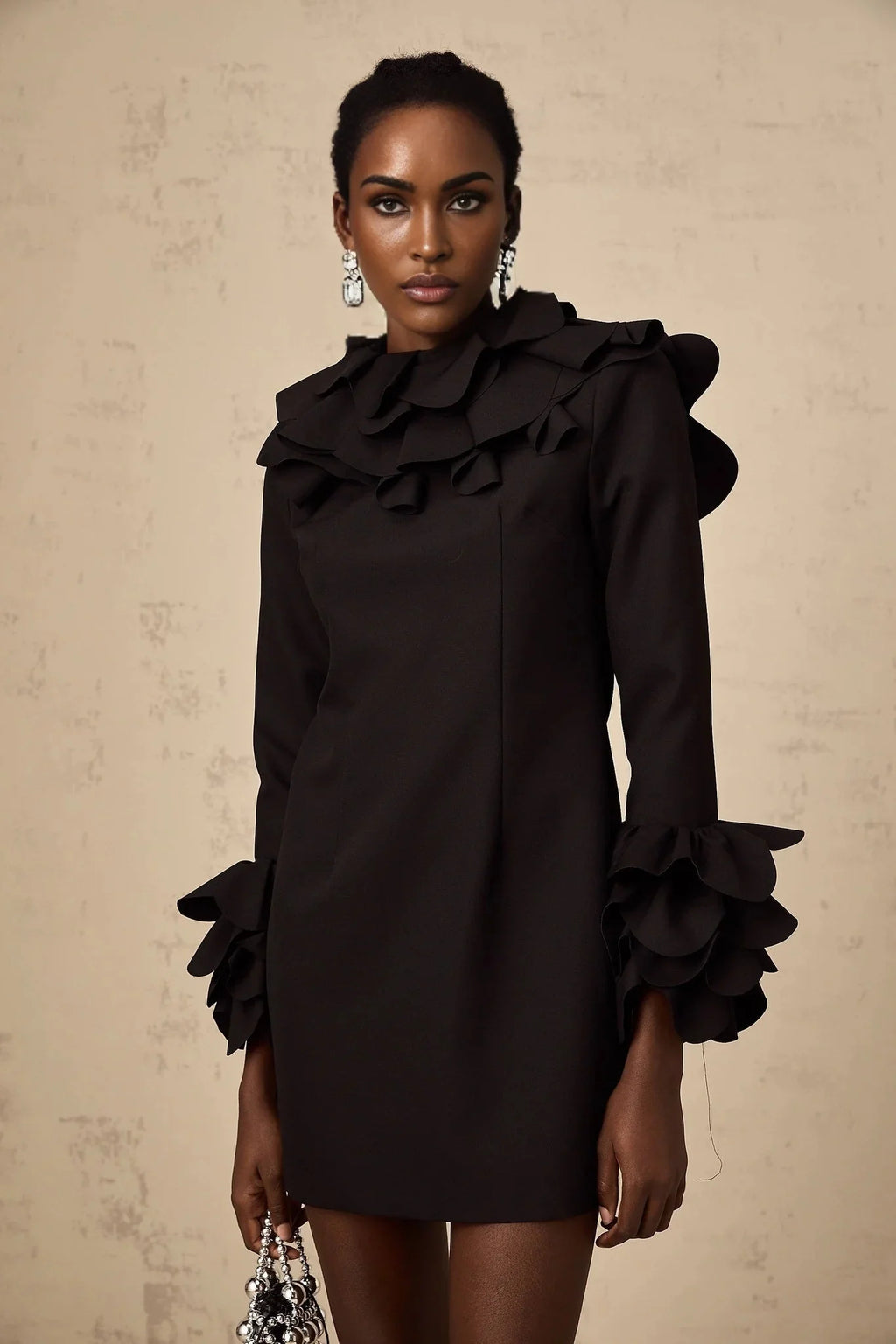 Flavia Mini Dress Black Ruffled Open - Back Thigh - Length