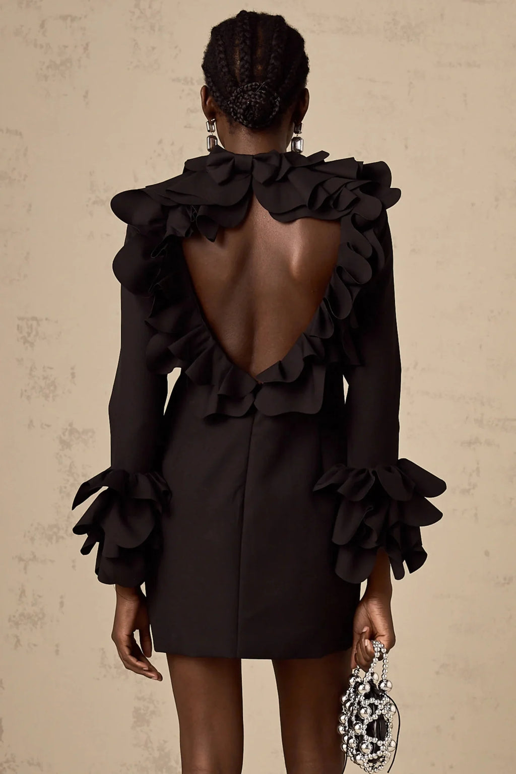 Flavia Mini Dress Black Ruffled Open - Back Thigh - Length