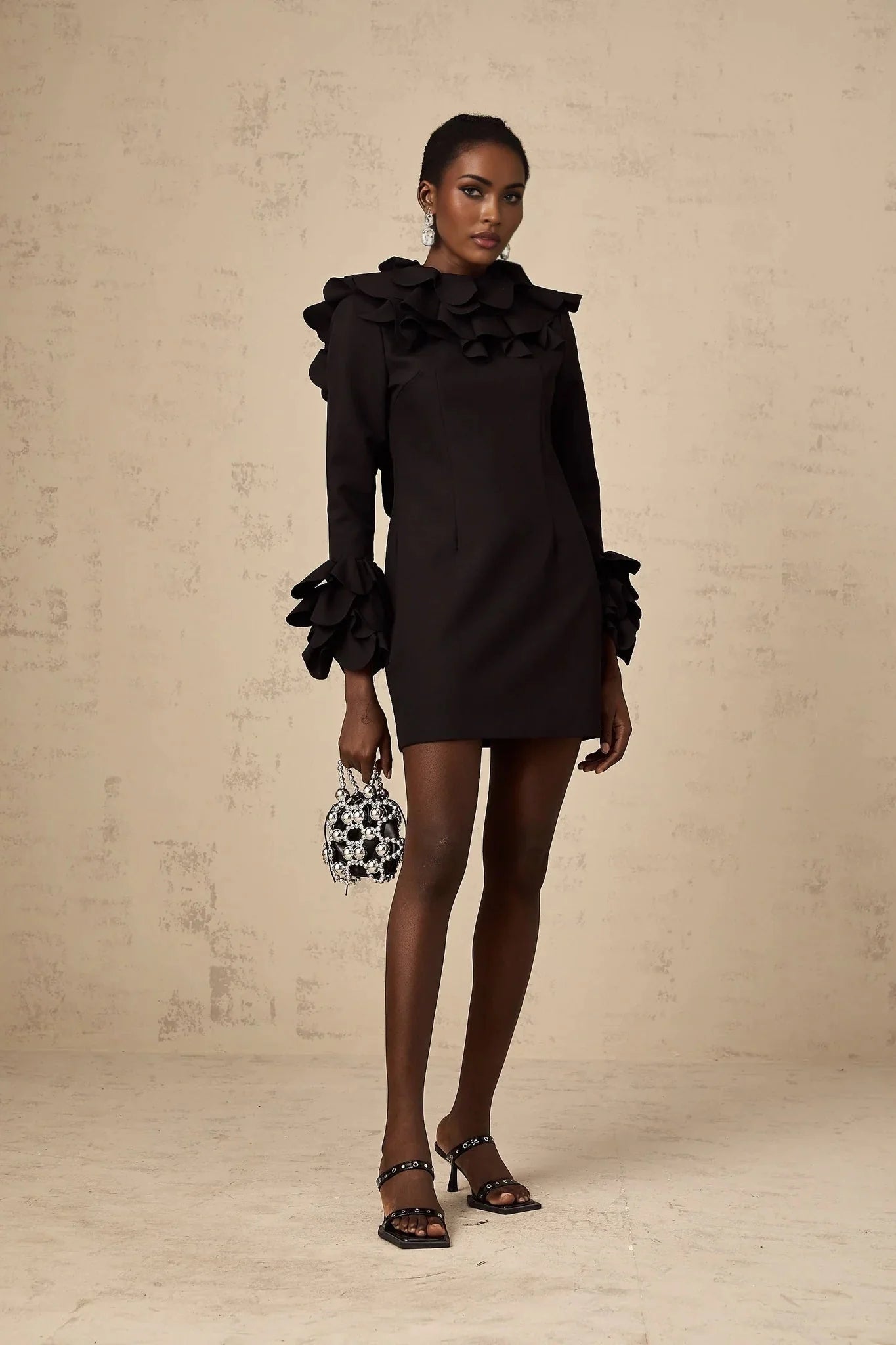 Flavia Mini Dress Black Ruffled Open - Back Thigh - Length