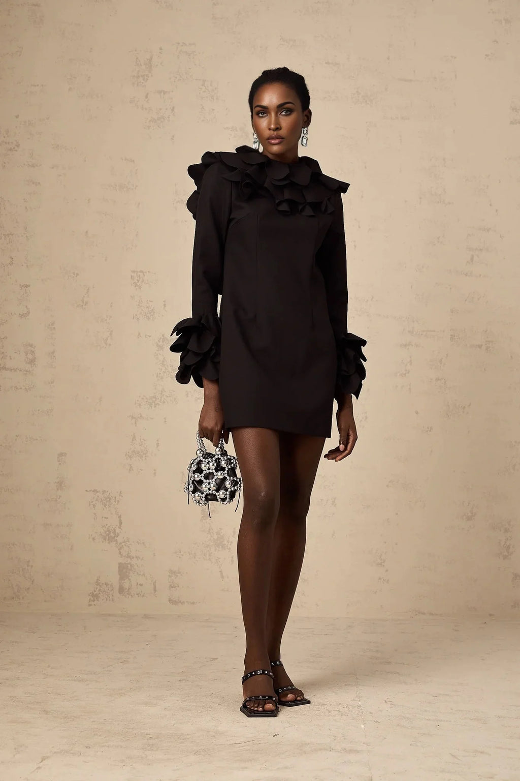 Flavia Mini Dress Black Ruffled Open - Back Thigh - Length