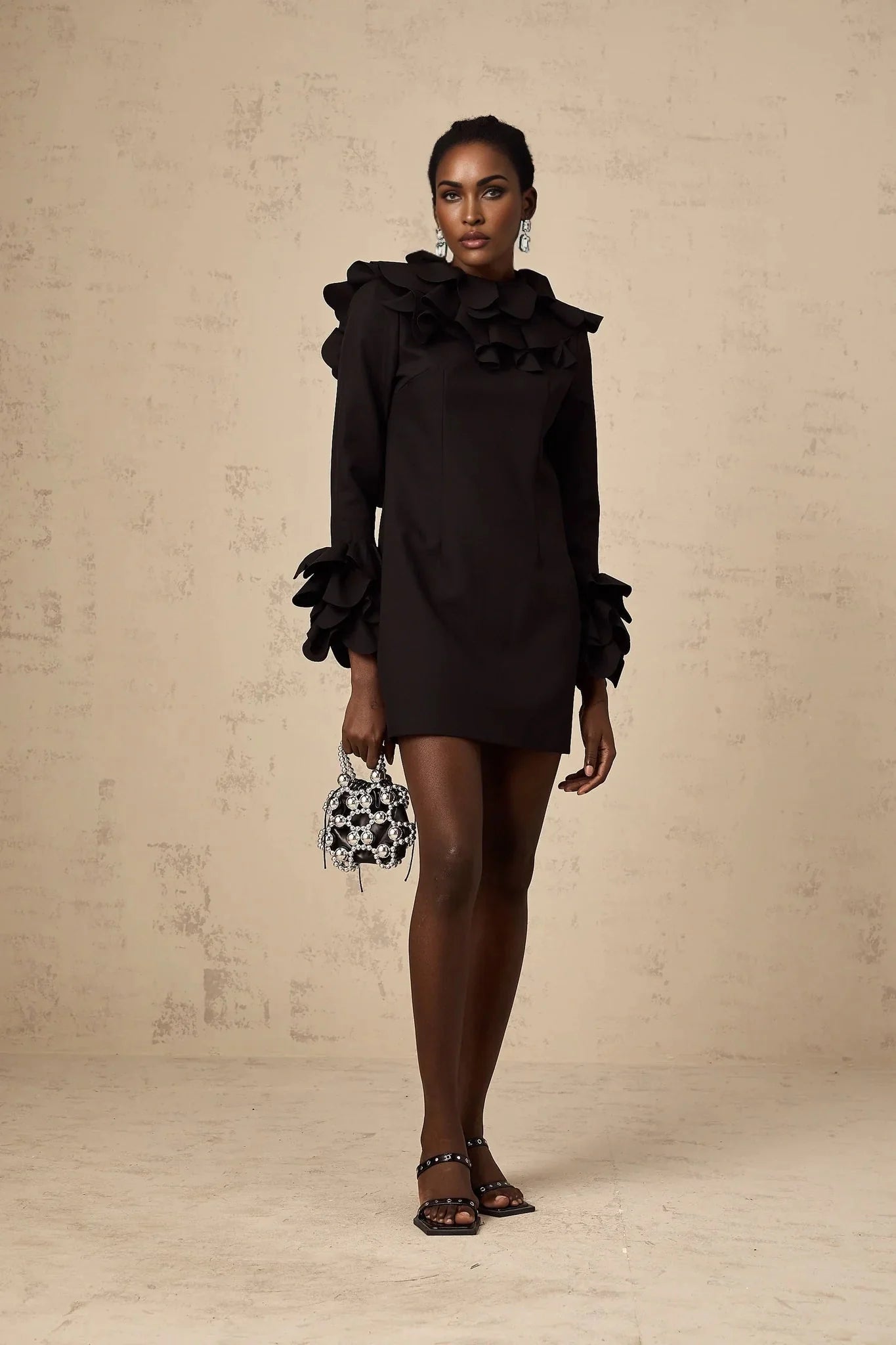 Flavia Mini Dress Black Ruffled Open - Back Thigh - Length