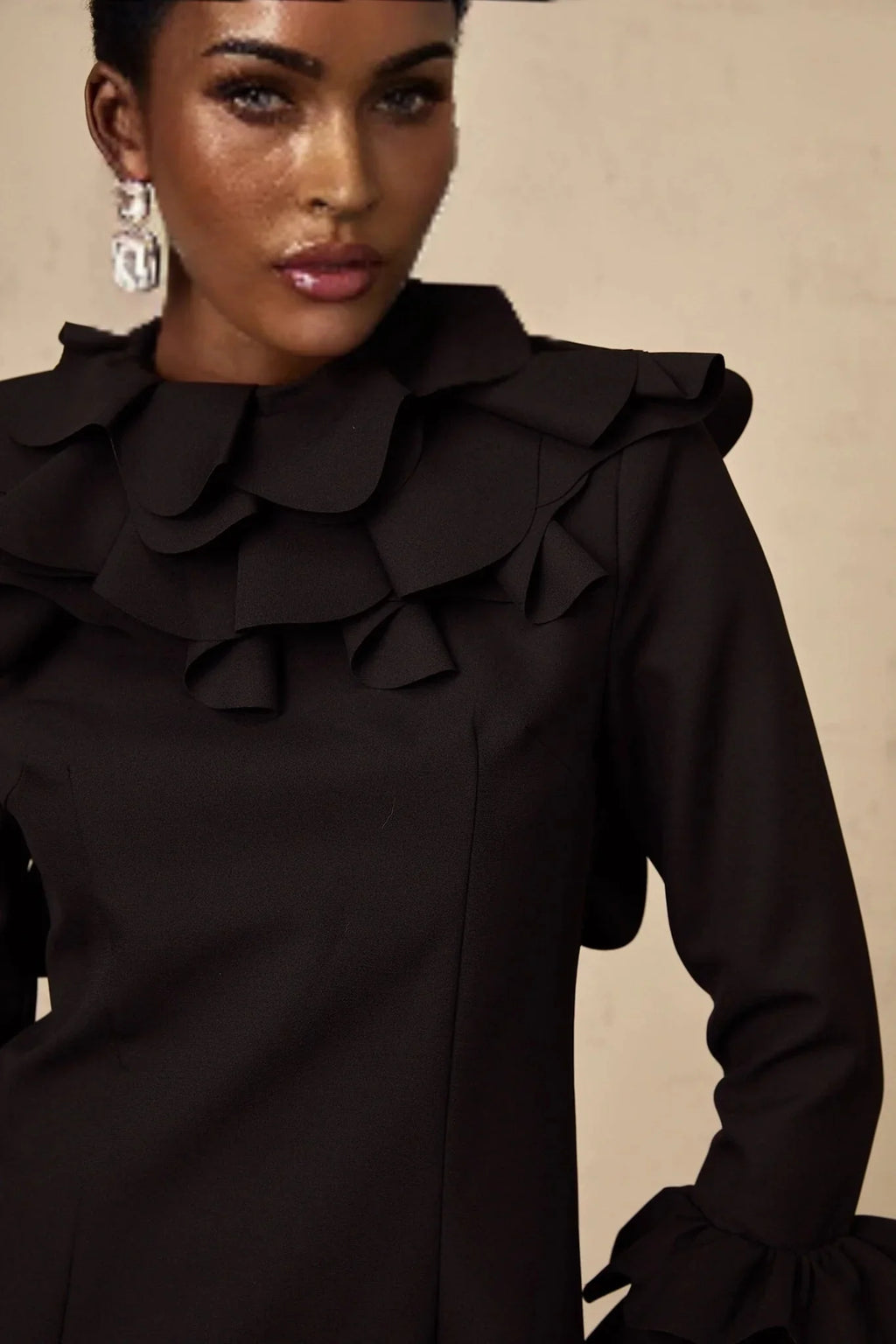 Flavia Mini Dress Black Ruffled Open - Back Thigh - Length