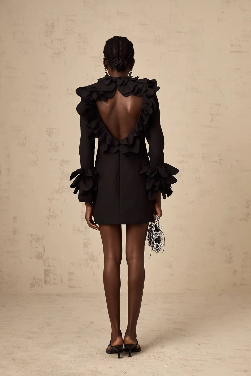 Flavia Mini Dress Black Ruffled Open - Back Thigh - Length