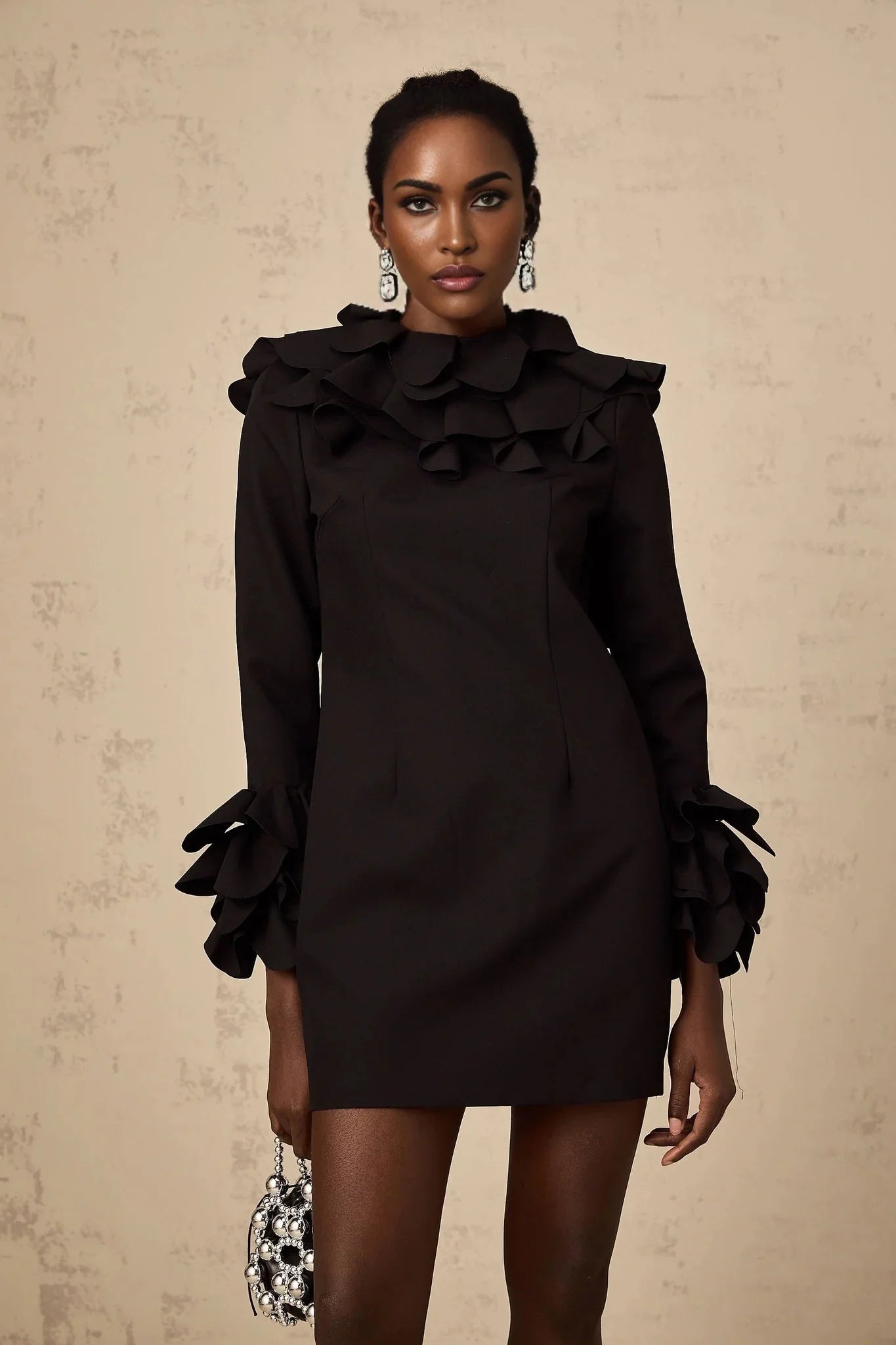 Flavia Mini Dress Black Ruffled Open - Back Thigh - Length