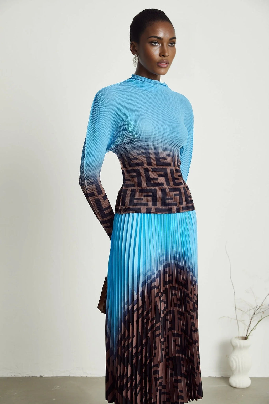 Flavia Skirt & Top Set - Round Neck - Long Sleeve Pleated Design - High Waisted