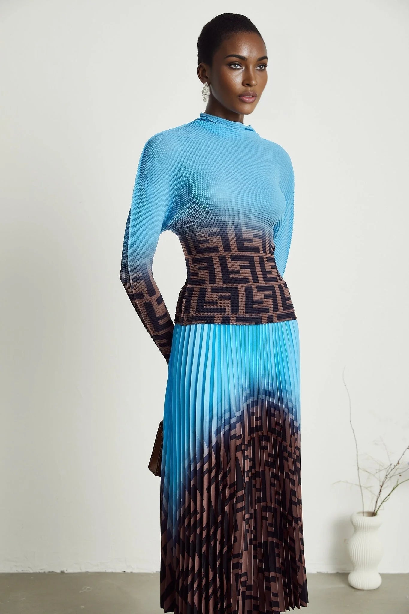 Flavia Skirt & Top Set - Round Neck - Long Sleeve Pleated Design - High Waisted