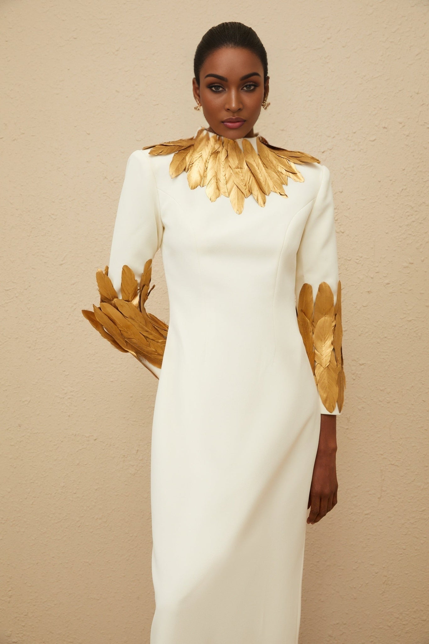Flora Maxi Dress - White & Gold Feather Trim Long Sleeve Elegant Slit Zip Floor - Length