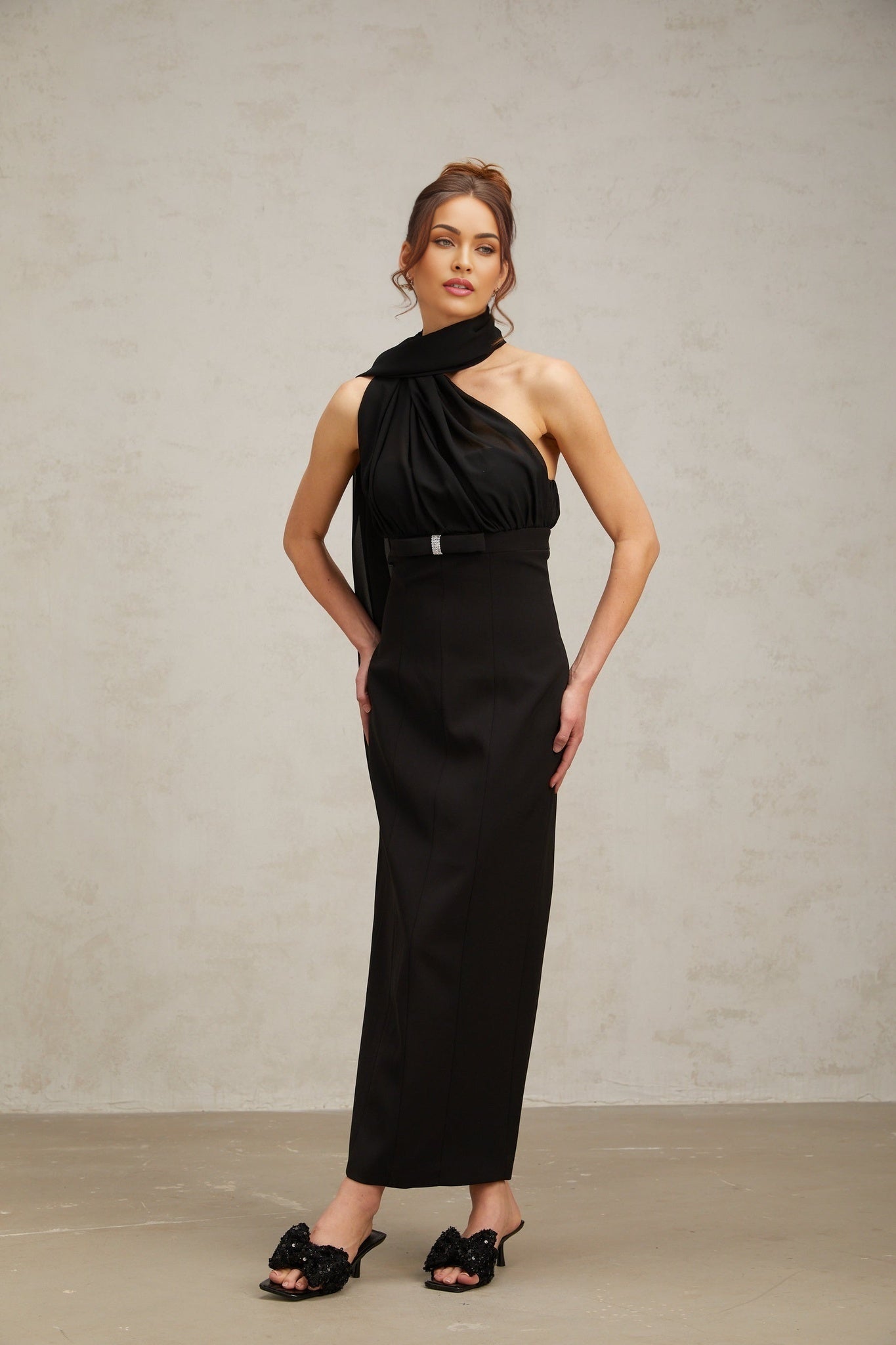 Flora Midi Dress - One Shoulder Style - Tulle Paneling - Crystal Embellishment - Asymmetric Design
