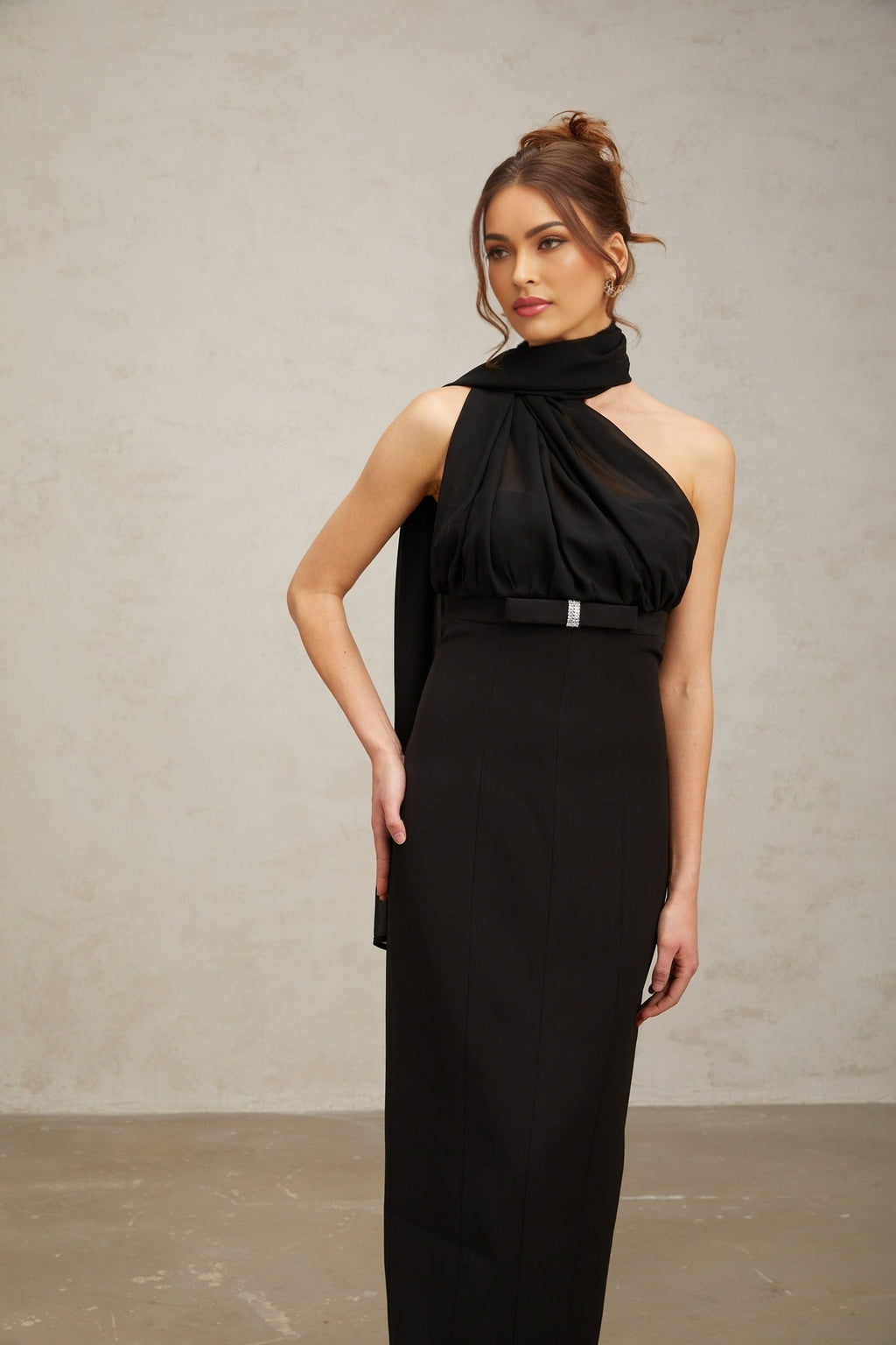 Flora Midi Dress - One Shoulder Style - Tulle Paneling - Crystal Embellishment - Asymmetric Design