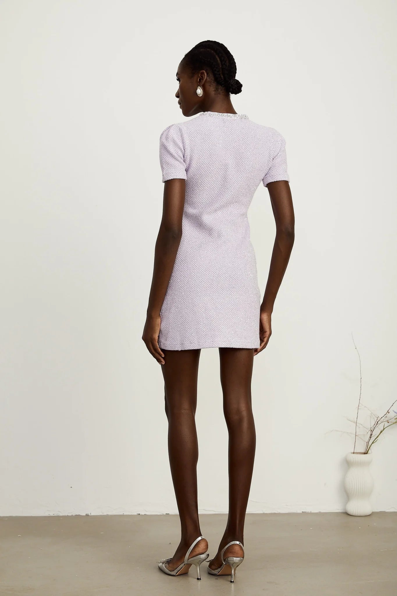 Flora Mini Dress - Round Neck - Sequin and Crystal Embellishments - Front Patch Pockets - Thigh Length