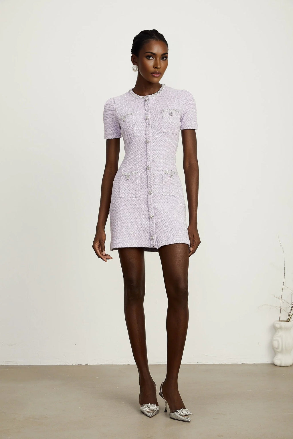 Flora Mini Dress - Round Neck - Sequin and Crystal Embellishments - Front Patch Pockets - Thigh Length