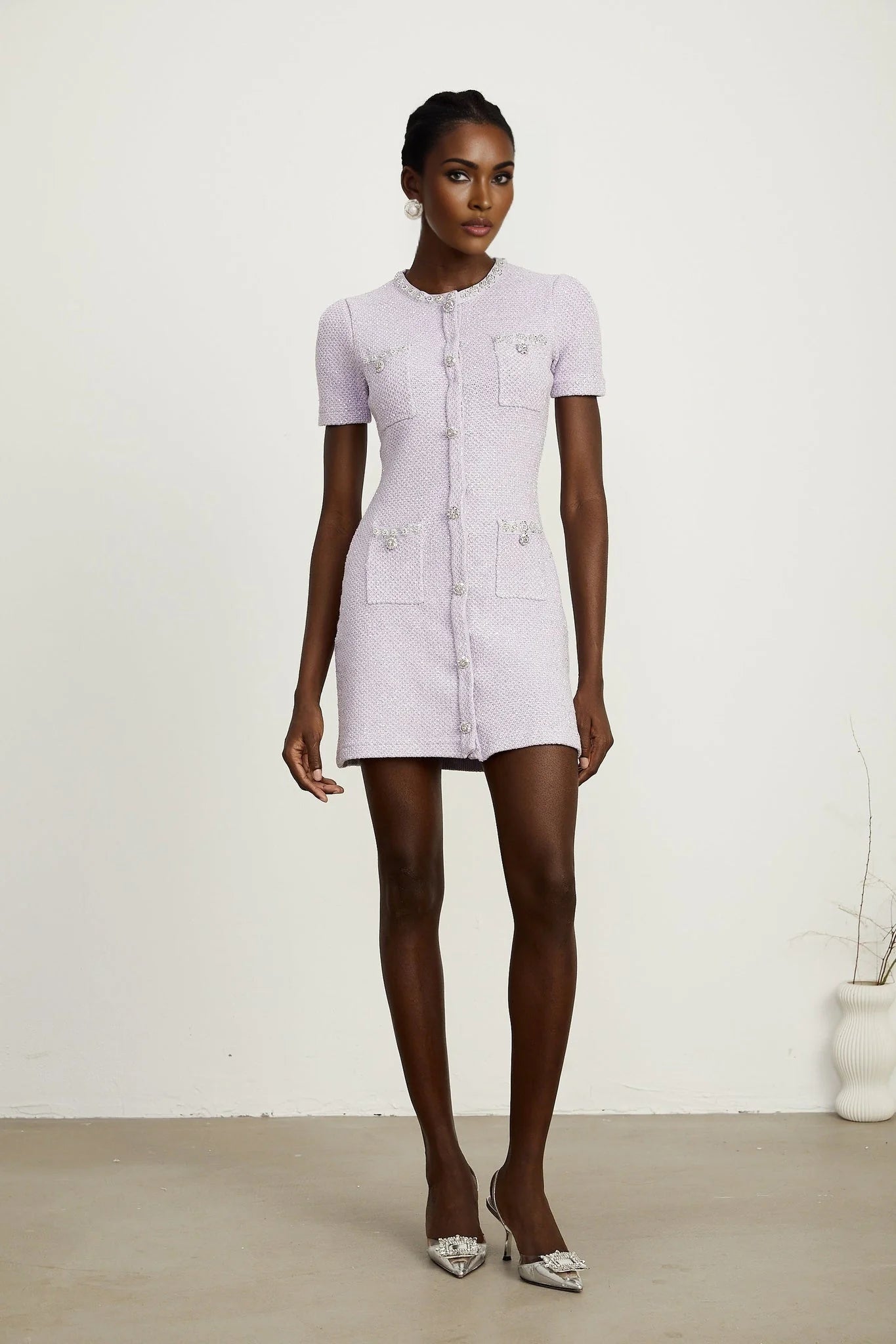 Flora Mini Dress - Round Neck - Sequin and Crystal Embellishments - Front Patch Pockets - Thigh Length