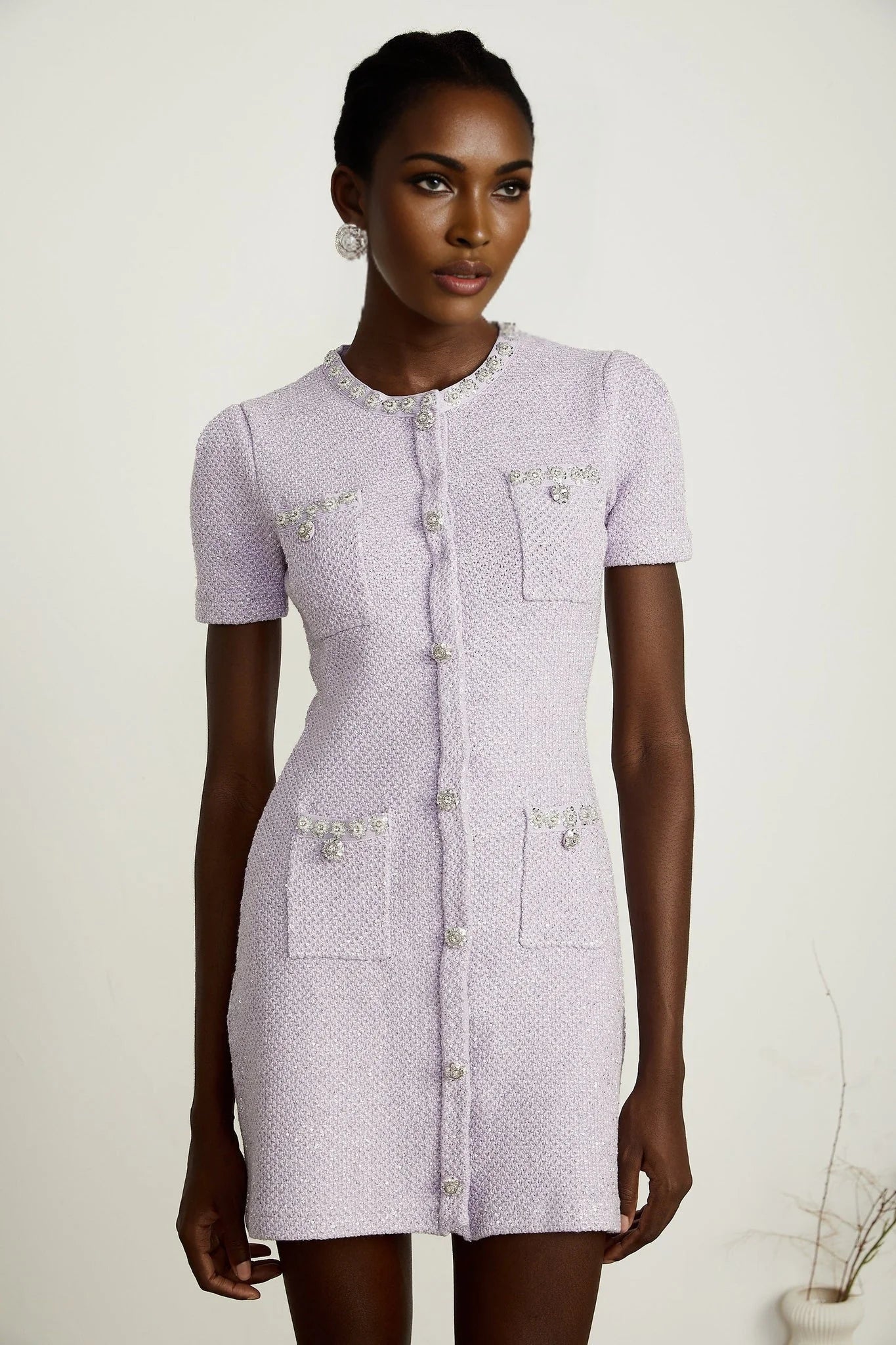 Flora Mini Dress - Round Neck - Sequin and Crystal Embellishments - Front Patch Pockets - Thigh Length