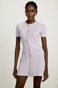 Flora Mini Dress - Round Neck - Sequin and Crystal Embellishments - Front Patch Pockets - Thigh Length