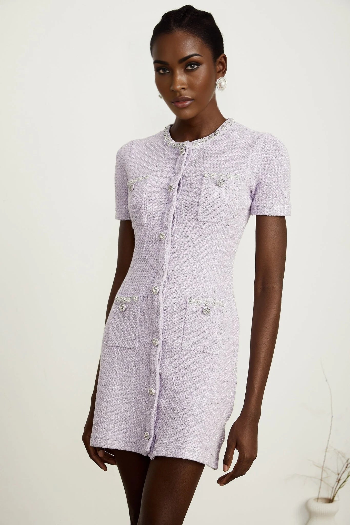 Flora Mini Dress - Round Neck - Sequin and Crystal Embellishments - Front Patch Pockets - Thigh Length