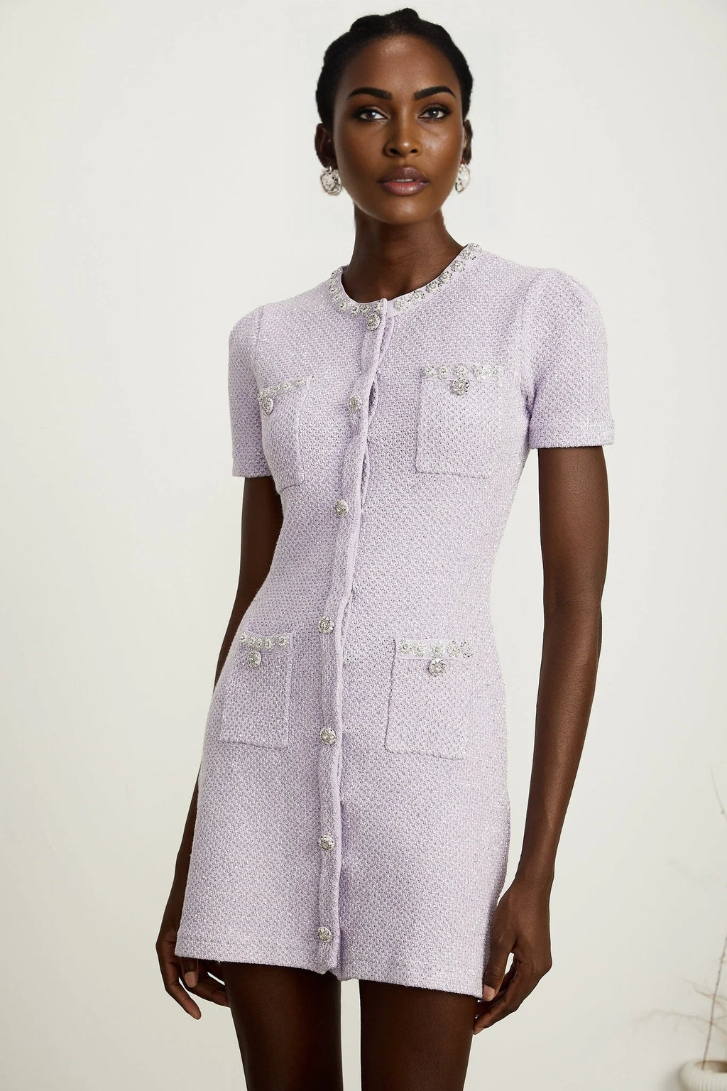 Flora Mini Dress - Round Neck - Sequin and Crystal Embellishments - Front Patch Pockets - Thigh Length