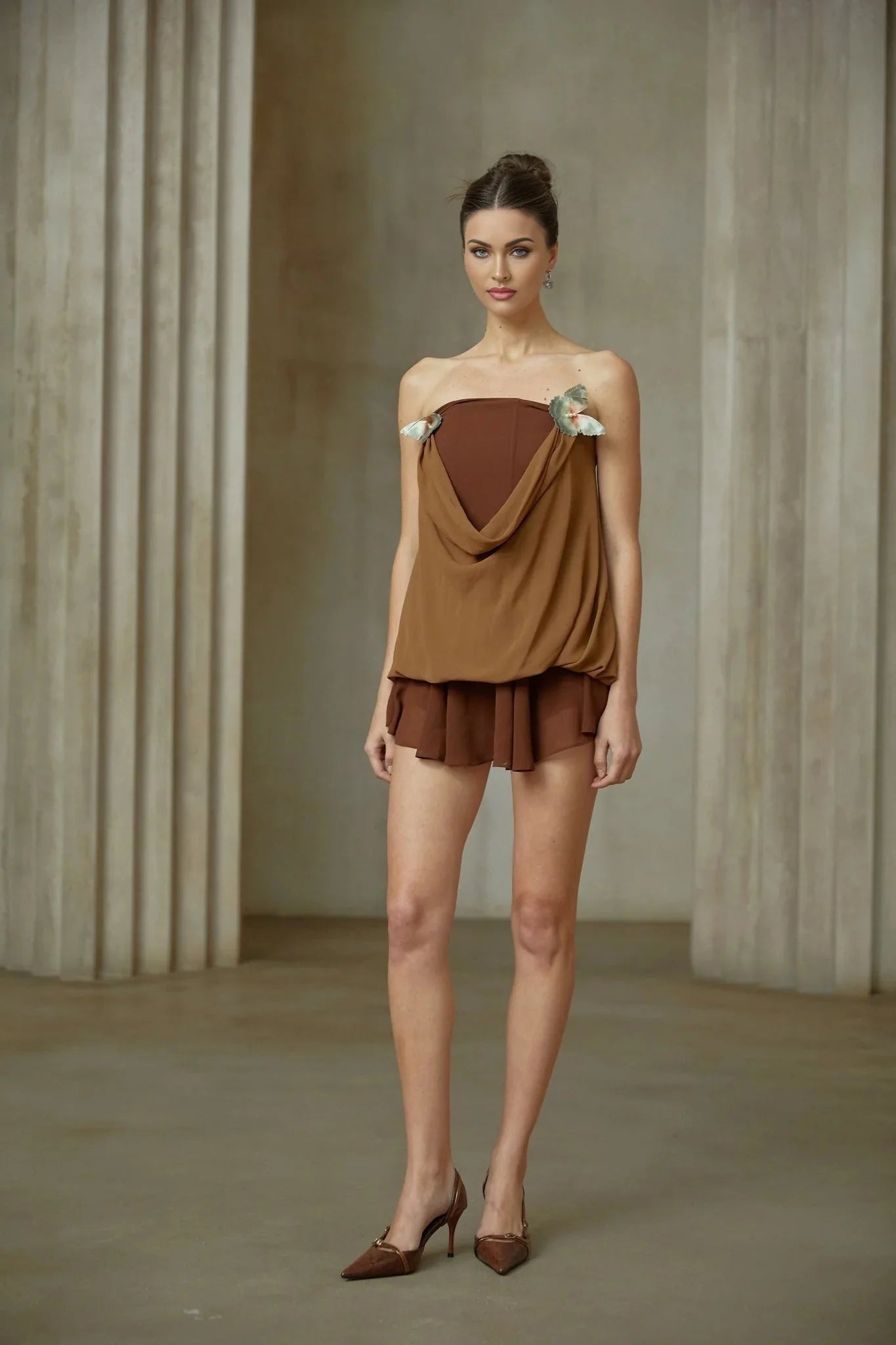 Flora Top & Skirt Set Brown Panelled Butterfly - Pin