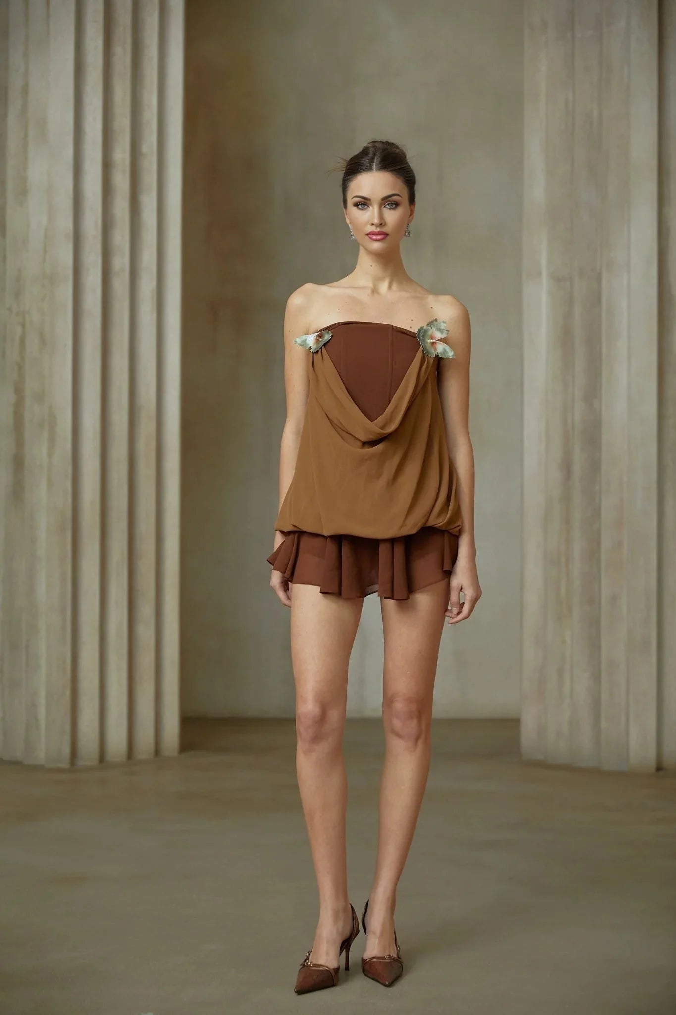 Flora Top & Skirt Set Brown Panelled Butterfly - Pin