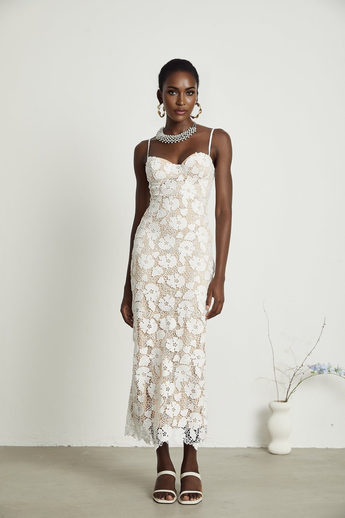 Florence Midi Dress - Sleeveless Design - Spaghetti Straps - Floral Embroidery - Back Slit