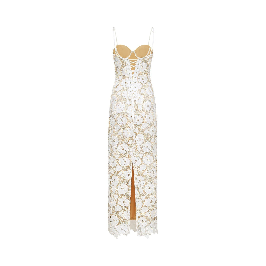 Florence Midi Dress - Sleeveless Design - Spaghetti Straps - Floral Embroidery - Back Slit