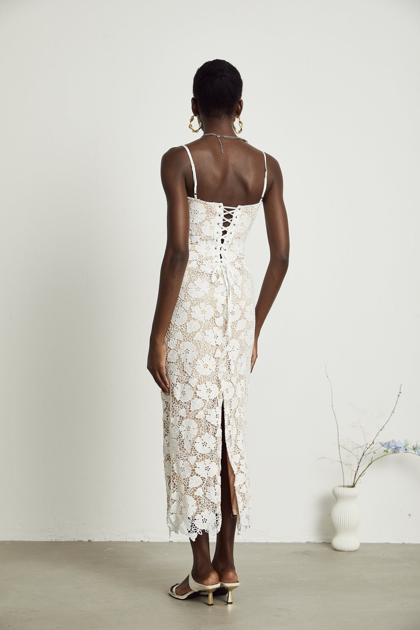 Florence Midi Dress - Sleeveless Design - Spaghetti Straps - Floral Embroidery - Back Slit