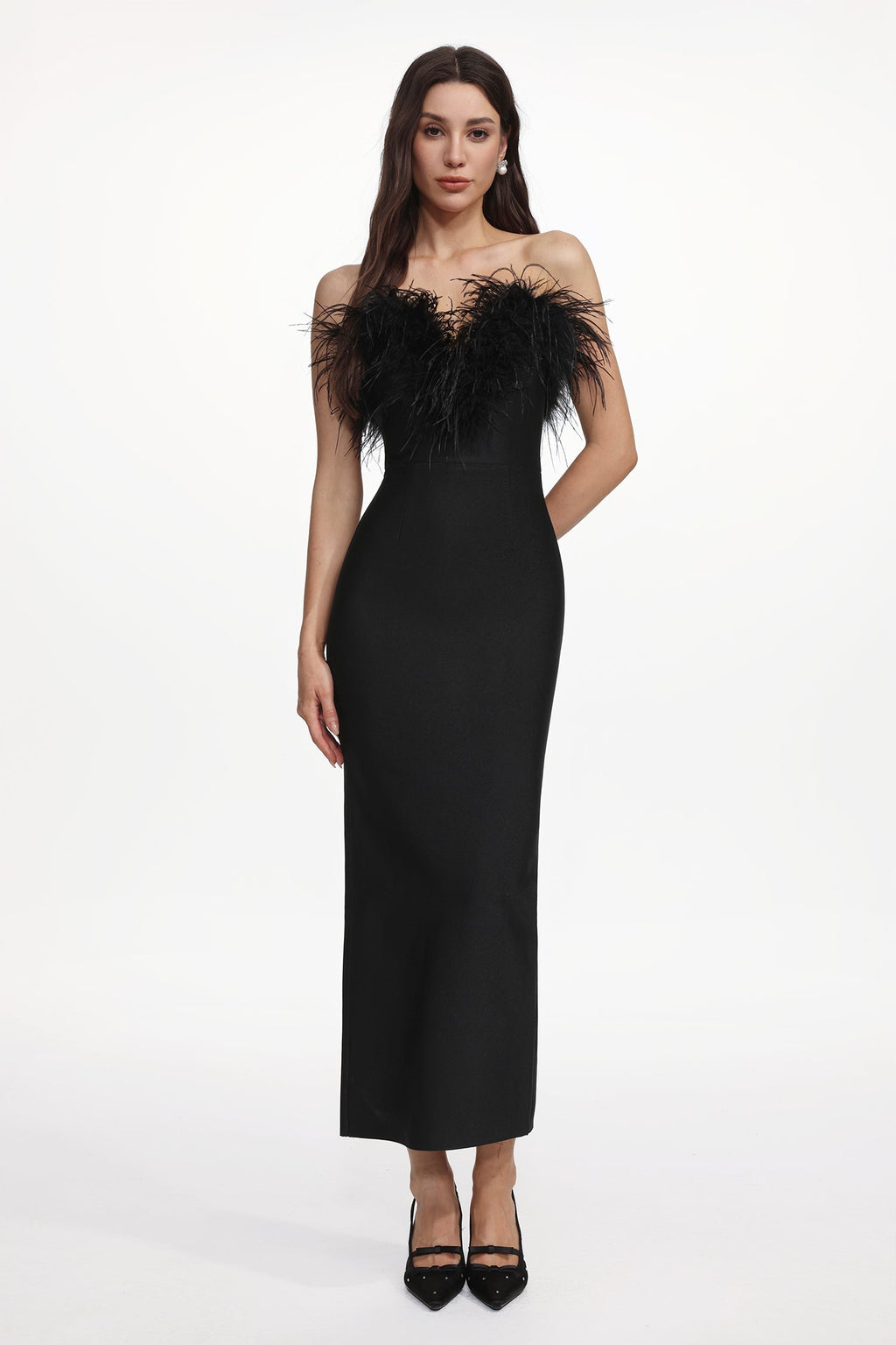 Fortuna Black Feather Detail Off-Shoulder Maxi Dress