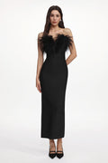 Fortuna Black Feather Detail Off-Shoulder Maxi Dress