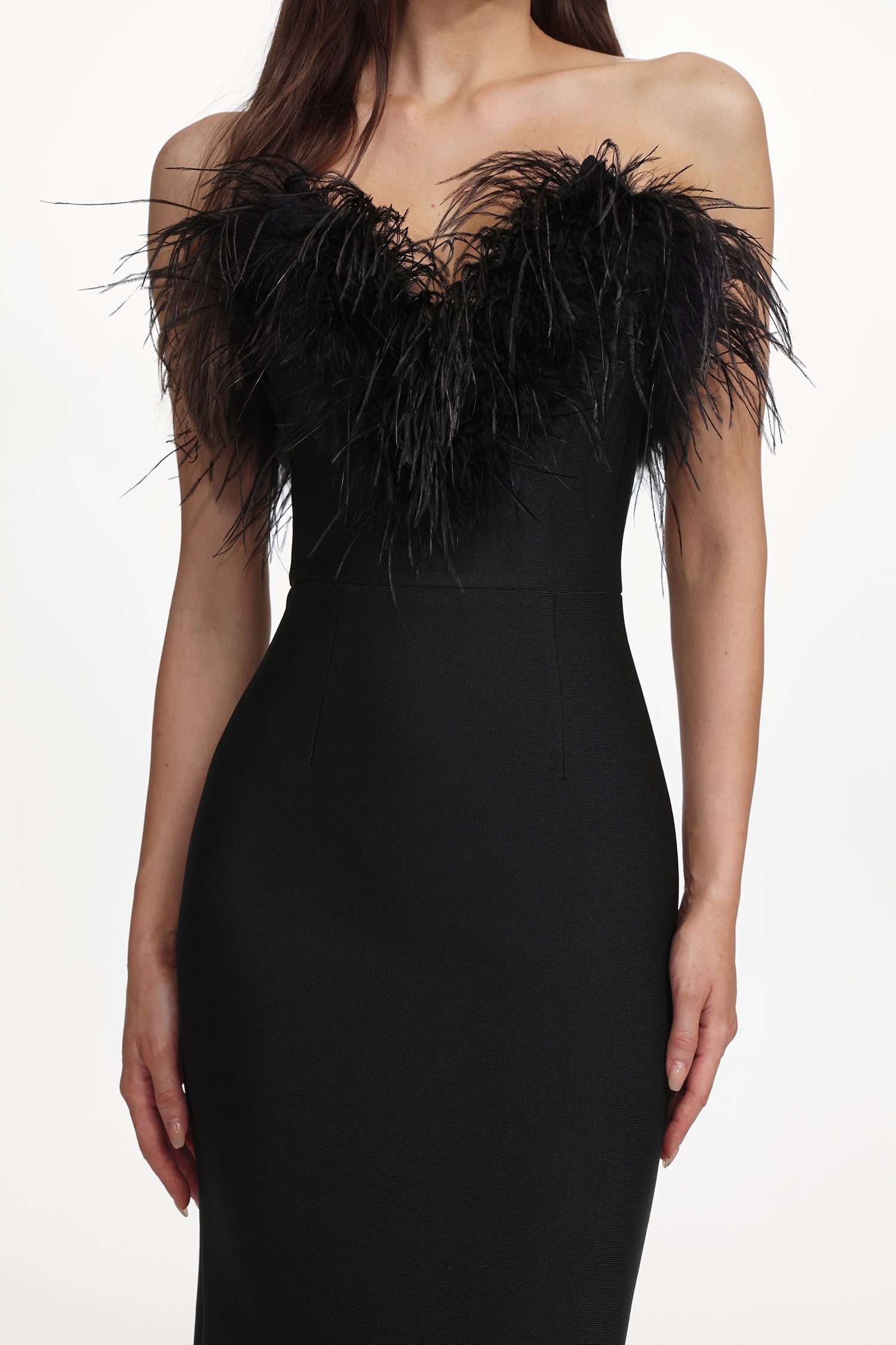 Fortuna Black Feather Detail Off-Shoulder Maxi Dress