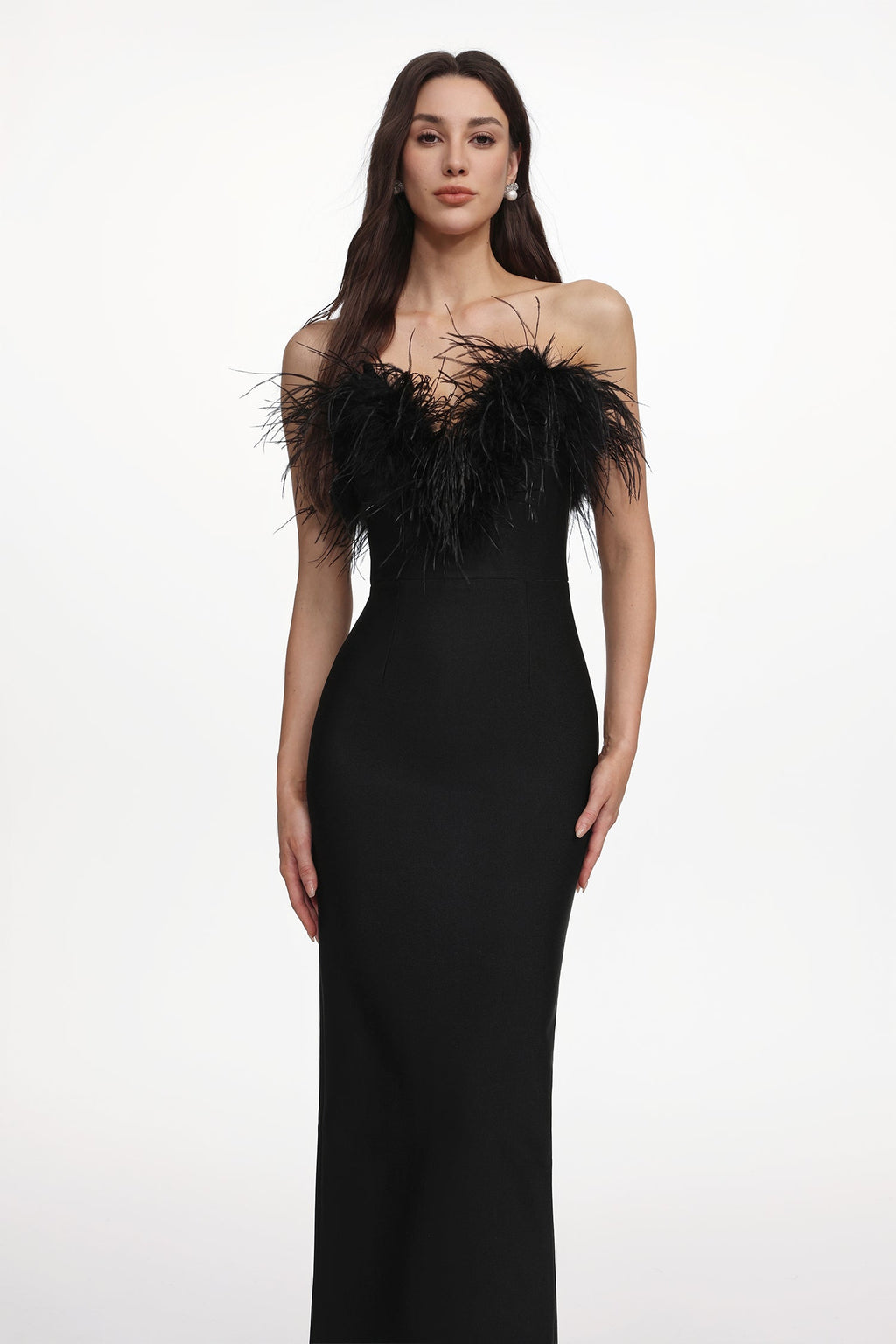 Fortuna Black Off-Shoulder Feather Detail Maxi Dress for Special Occasions