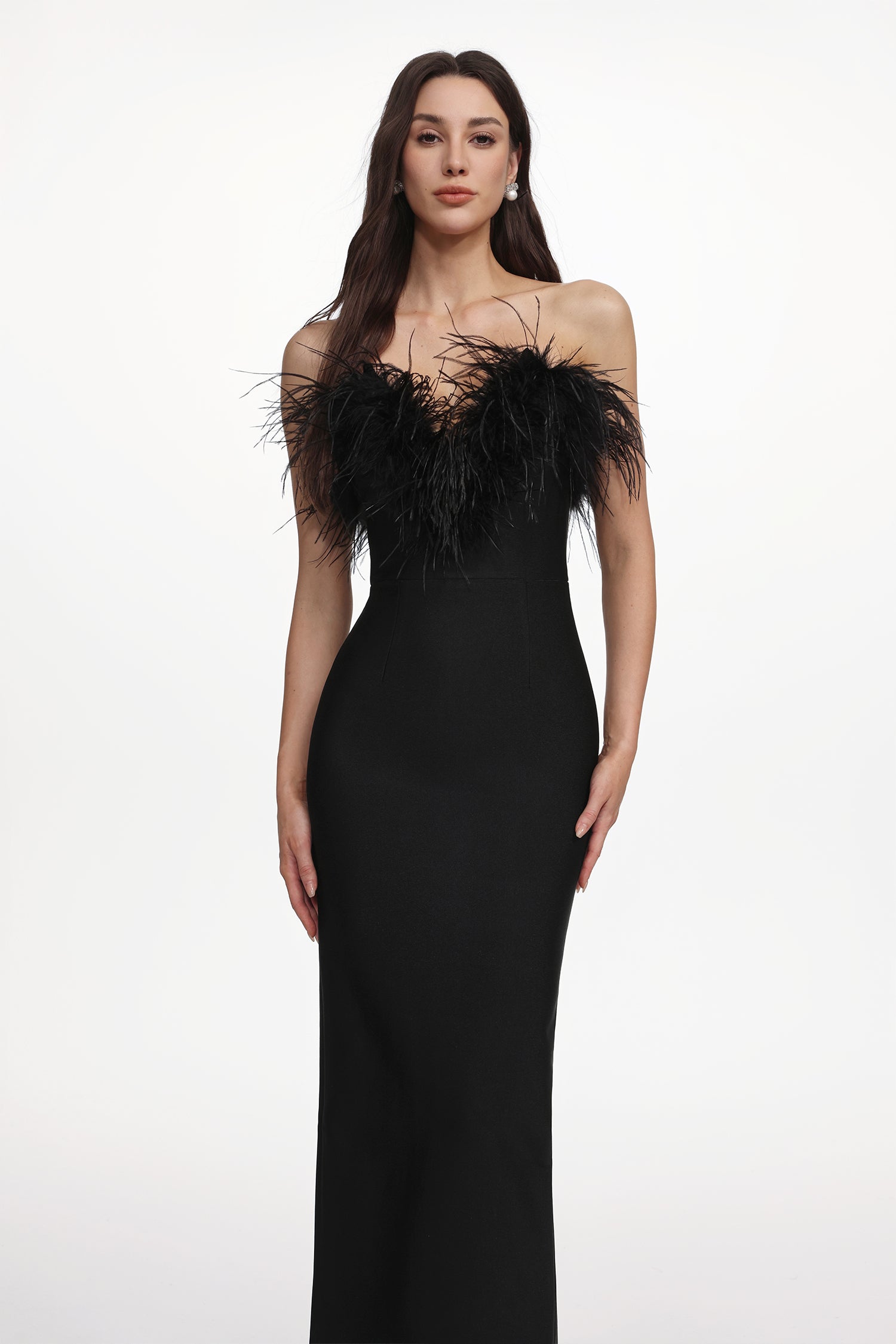 Fortuna Black Off-Shoulder Feather Detail Maxi Dress for Special Occasions