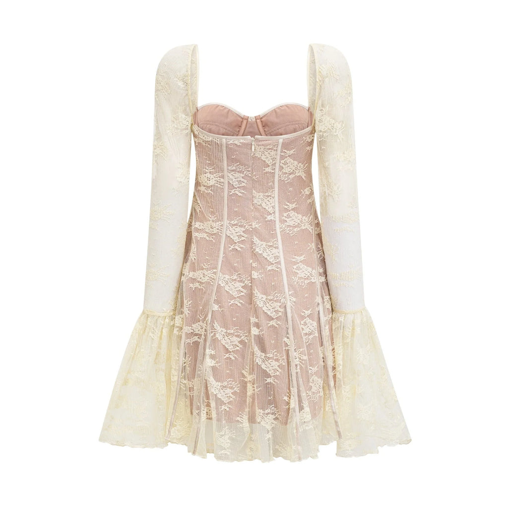 Fortuna Long Sleeved Dress - Lace Detailing - Square Neck - Mesh Design - Bustier Style