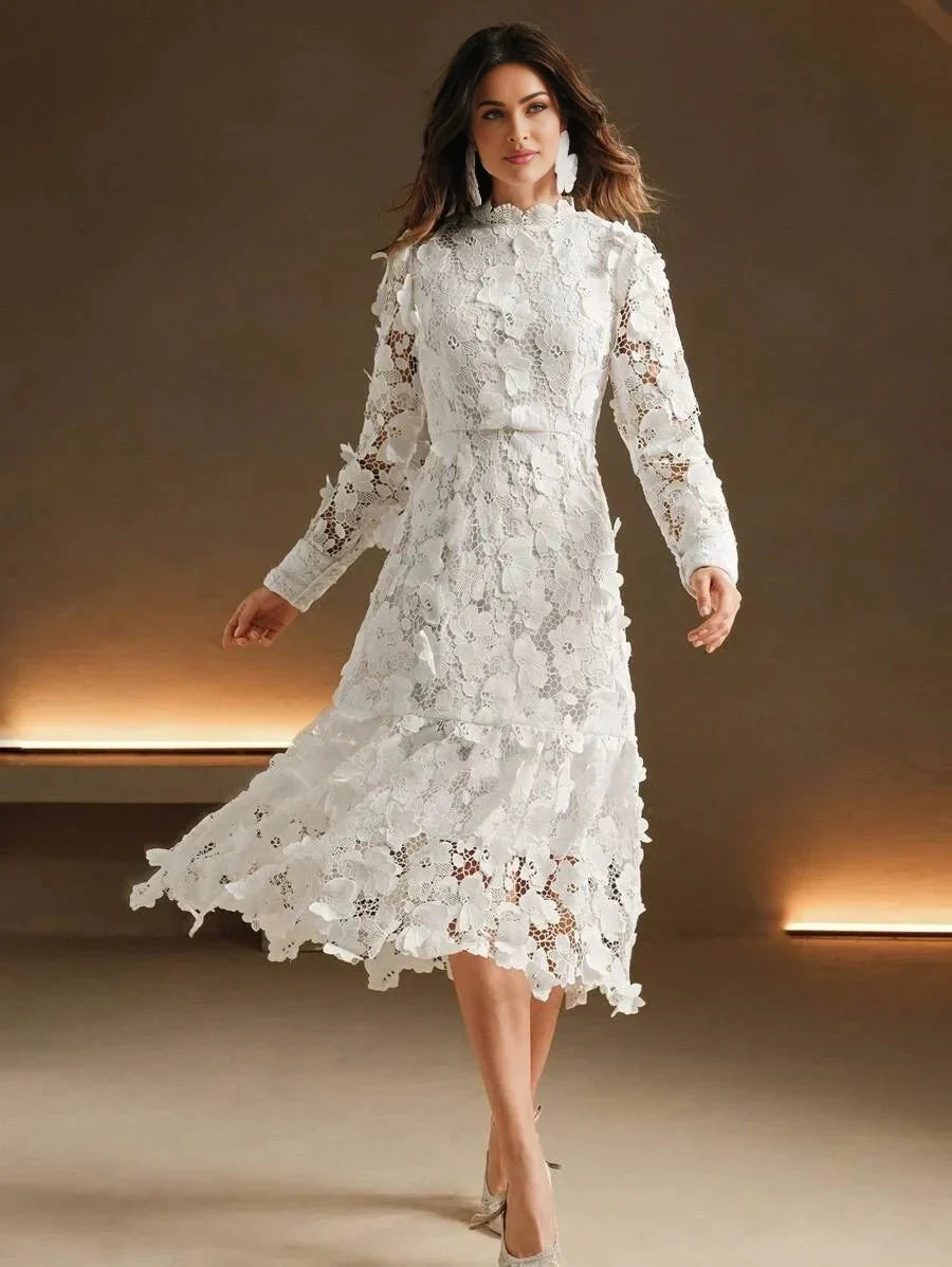 Fortuna Midi Dress - High Neck - Formal & Evening - A Line - Elegant - Appliques