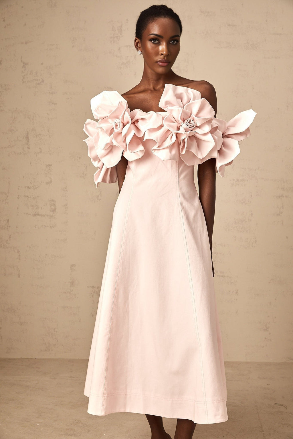 Fortuna Midi Dress - Off the Shoulder - Cinched Waist - 3D Petal Detailing - Flared Hem - Rear Zip Fastening