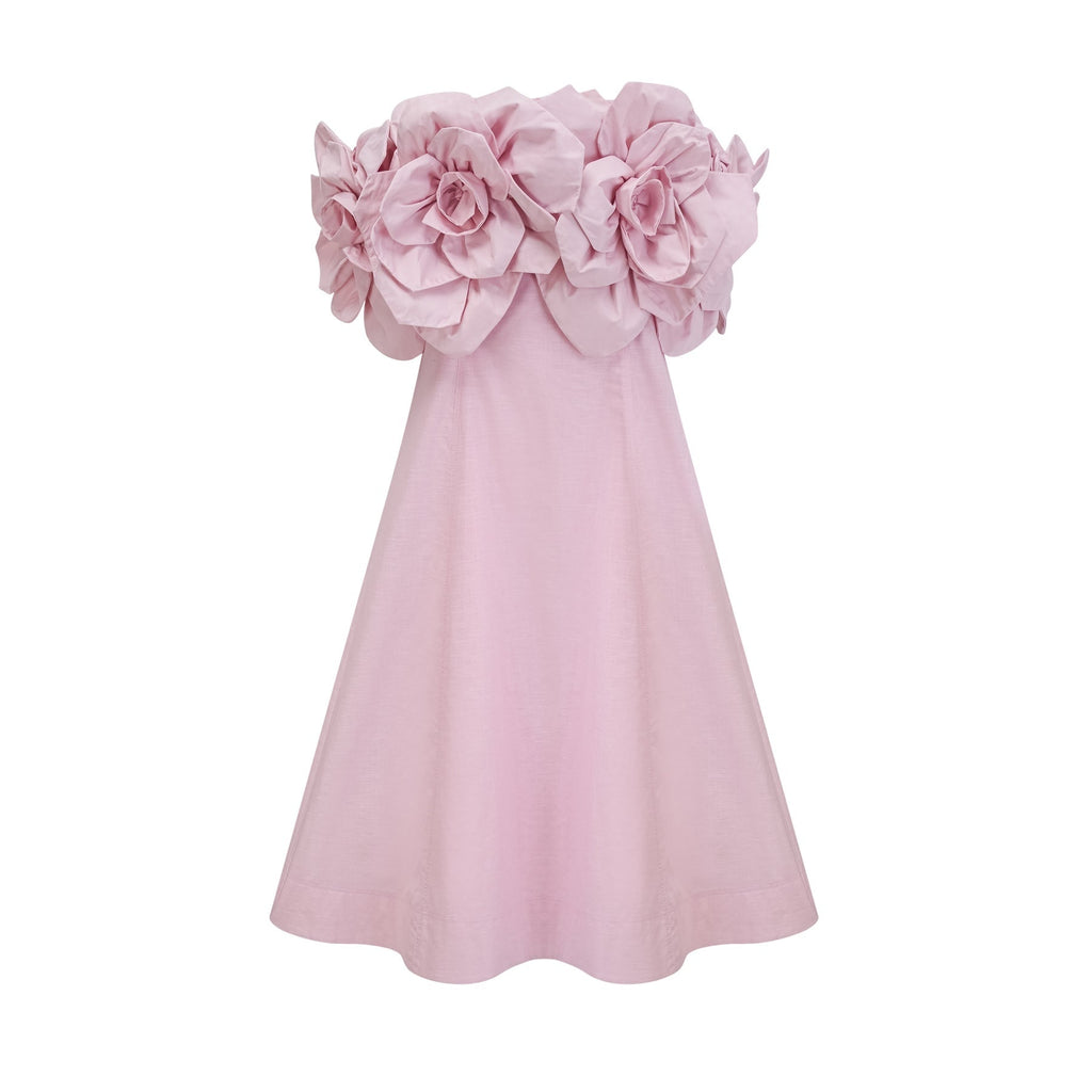 Fortuna Midi Dress - Off the Shoulder - Cinched Waist - 3D Petal Detailing - Flared Hem - Rear Zip Fastening