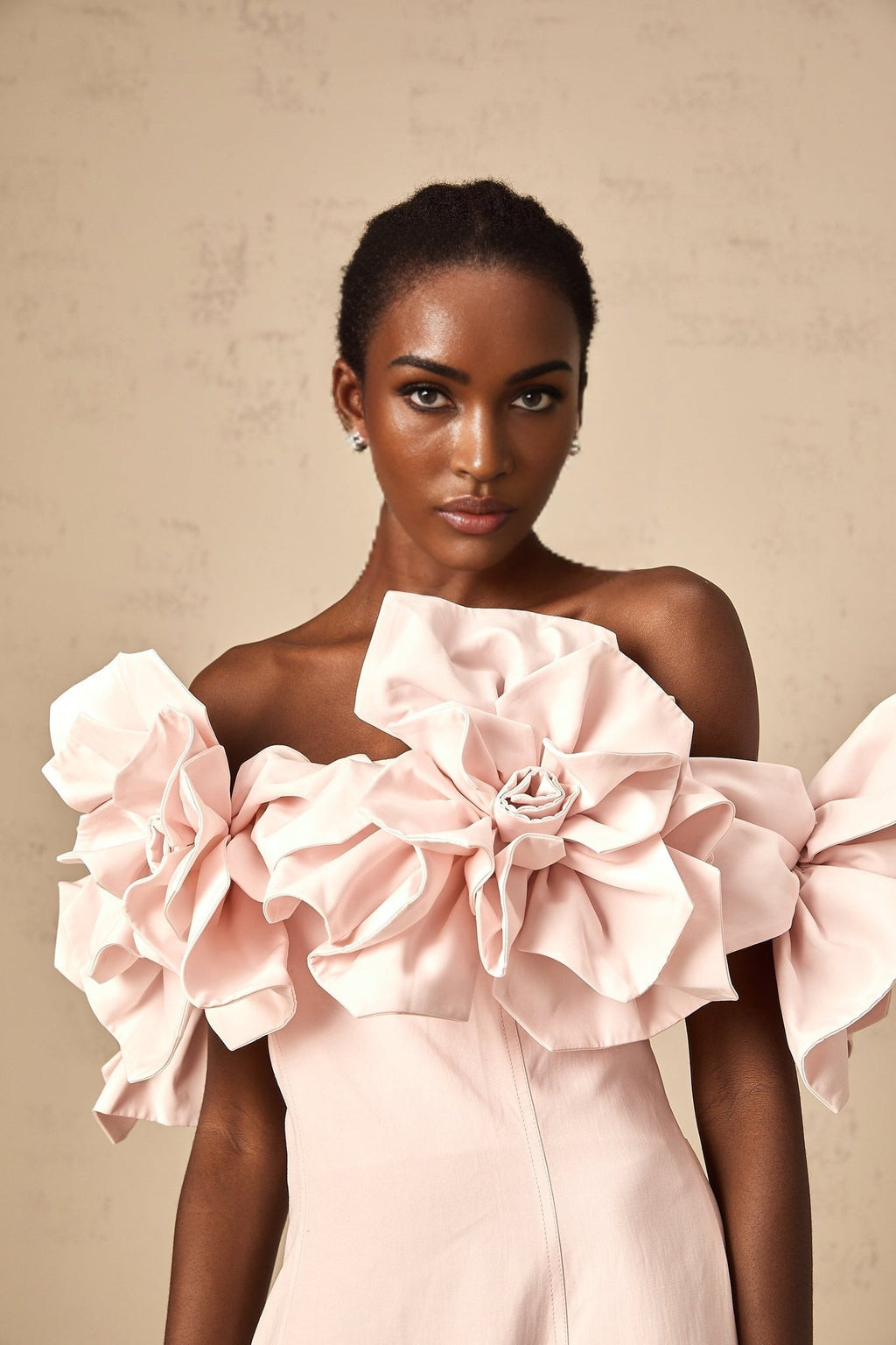 Fortuna Midi Dress - Off the Shoulder - Cinched Waist - 3D Petal Detailing - Flared Hem - Rear Zip Fastening