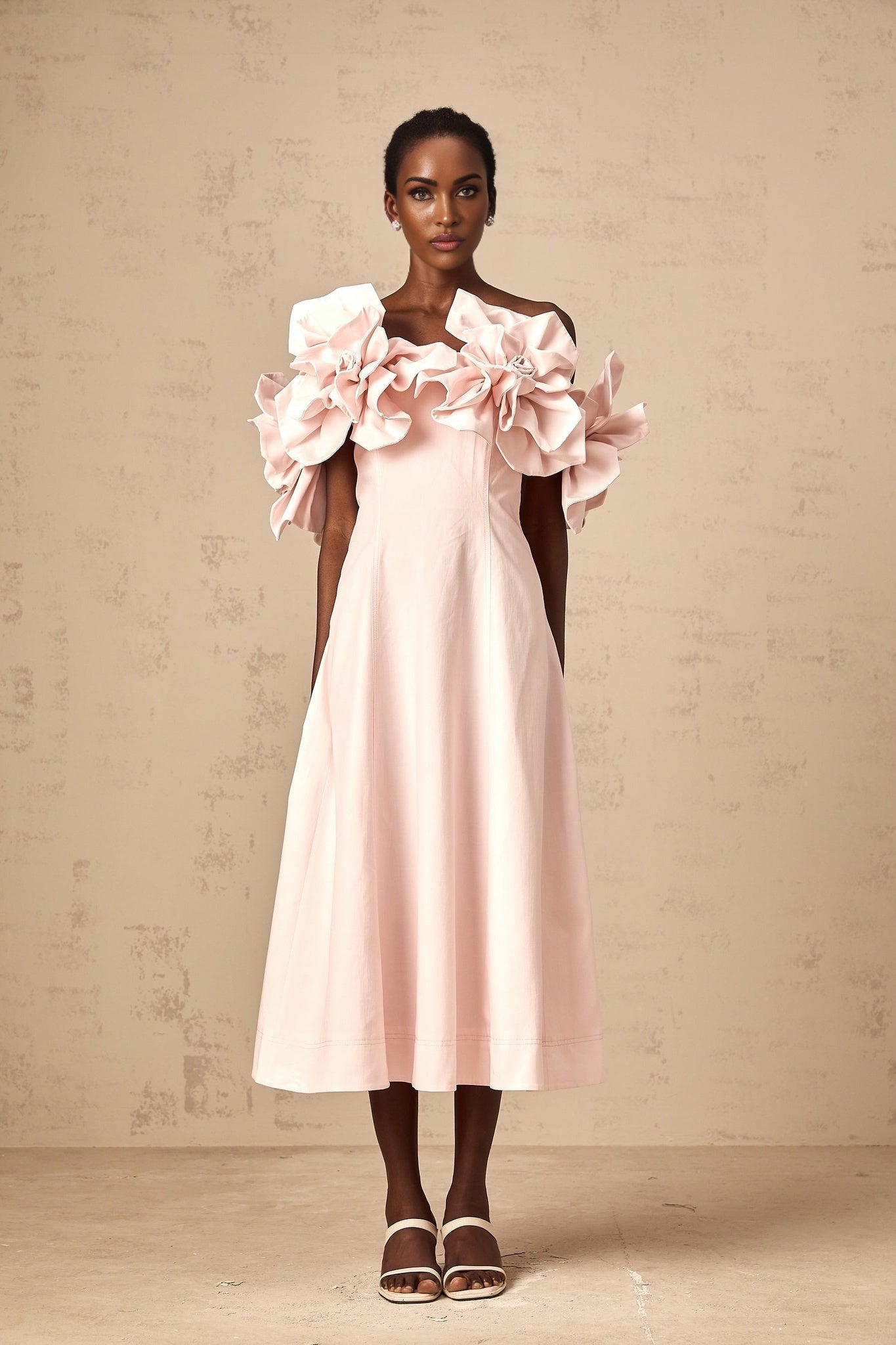 Fortuna Midi Dress - Off the Shoulder - Cinched Waist - 3D Petal Detailing - Flared Hem - Rear Zip Fastening