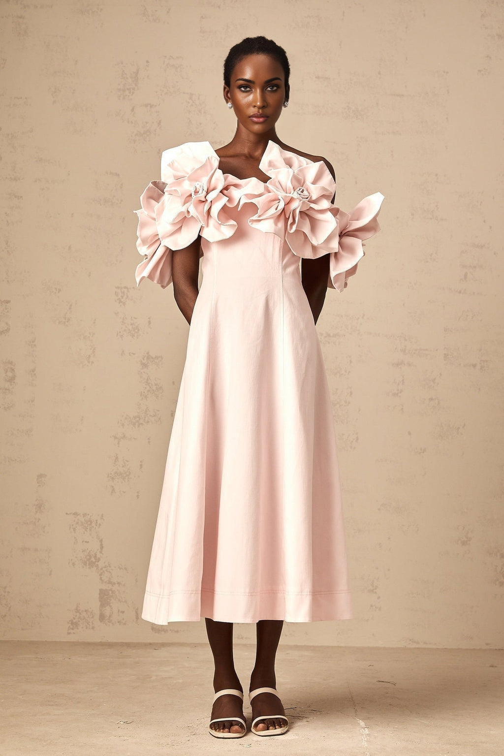 Fortuna Midi Dress - Off the Shoulder - Cinched Waist - 3D Petal Detailing - Flared Hem - Rear Zip Fastening