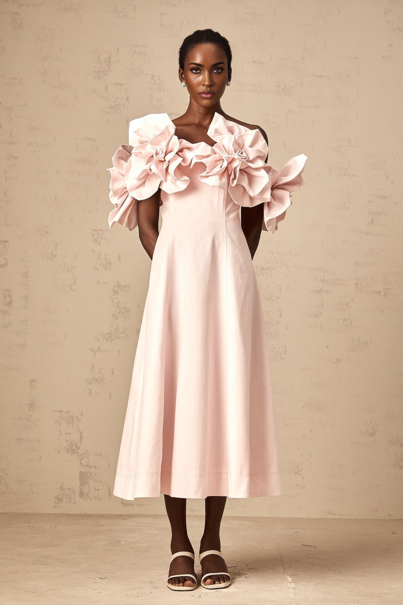 Fortuna Midi Dress - Off the Shoulder - Cinched Waist - 3D Petal Detailing - Flared Hem - Rear Zip Fastening