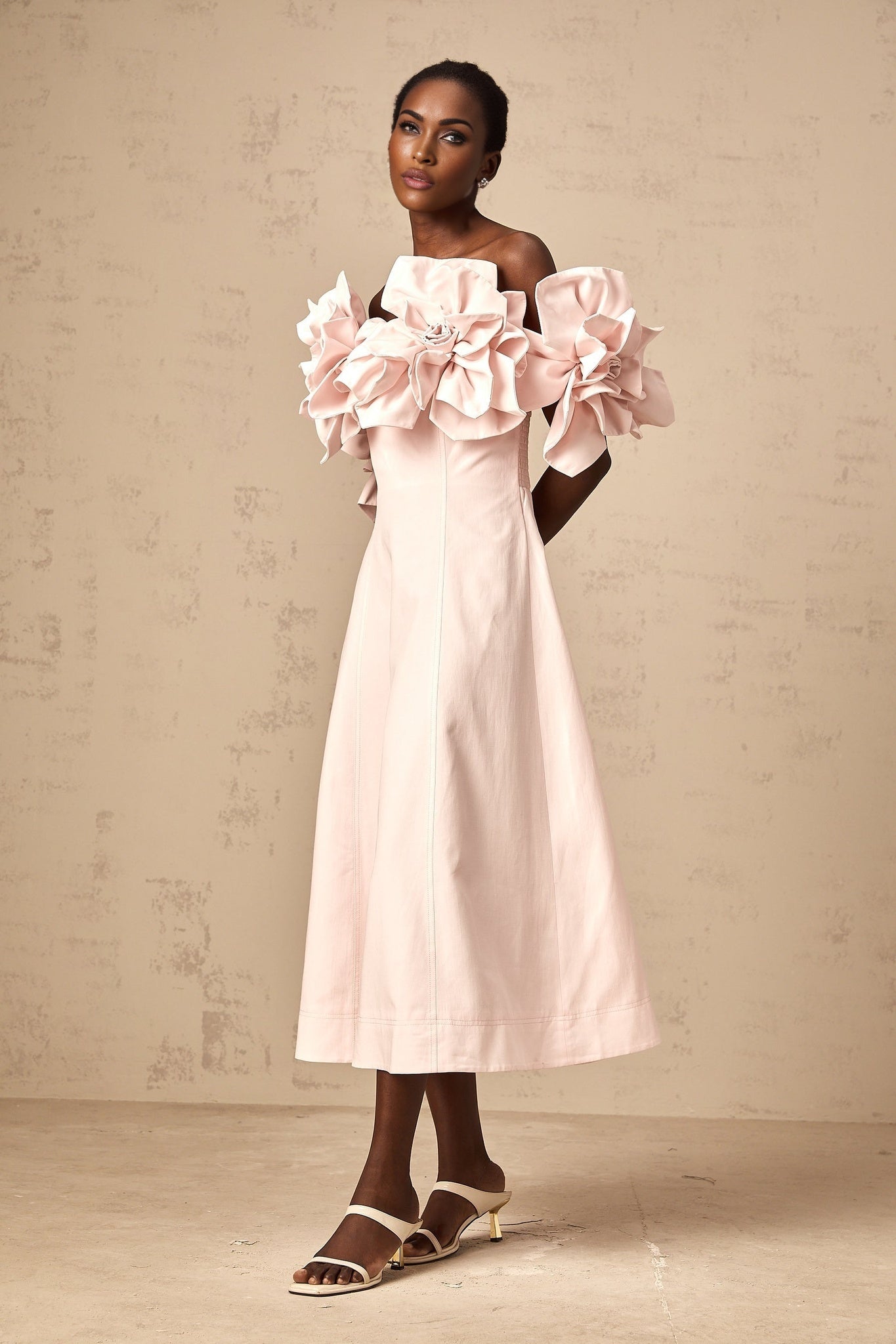 Fortuna Midi Dress - Off the Shoulder - Cinched Waist - 3D Petal Detailing - Flared Hem - Rear Zip Fastening