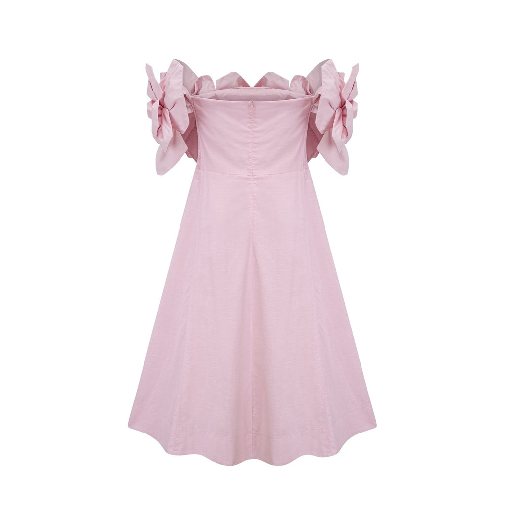 Fortuna Midi Dress - Off the Shoulder - Cinched Waist - 3D Petal Detailing - Flared Hem - Rear Zip Fastening
