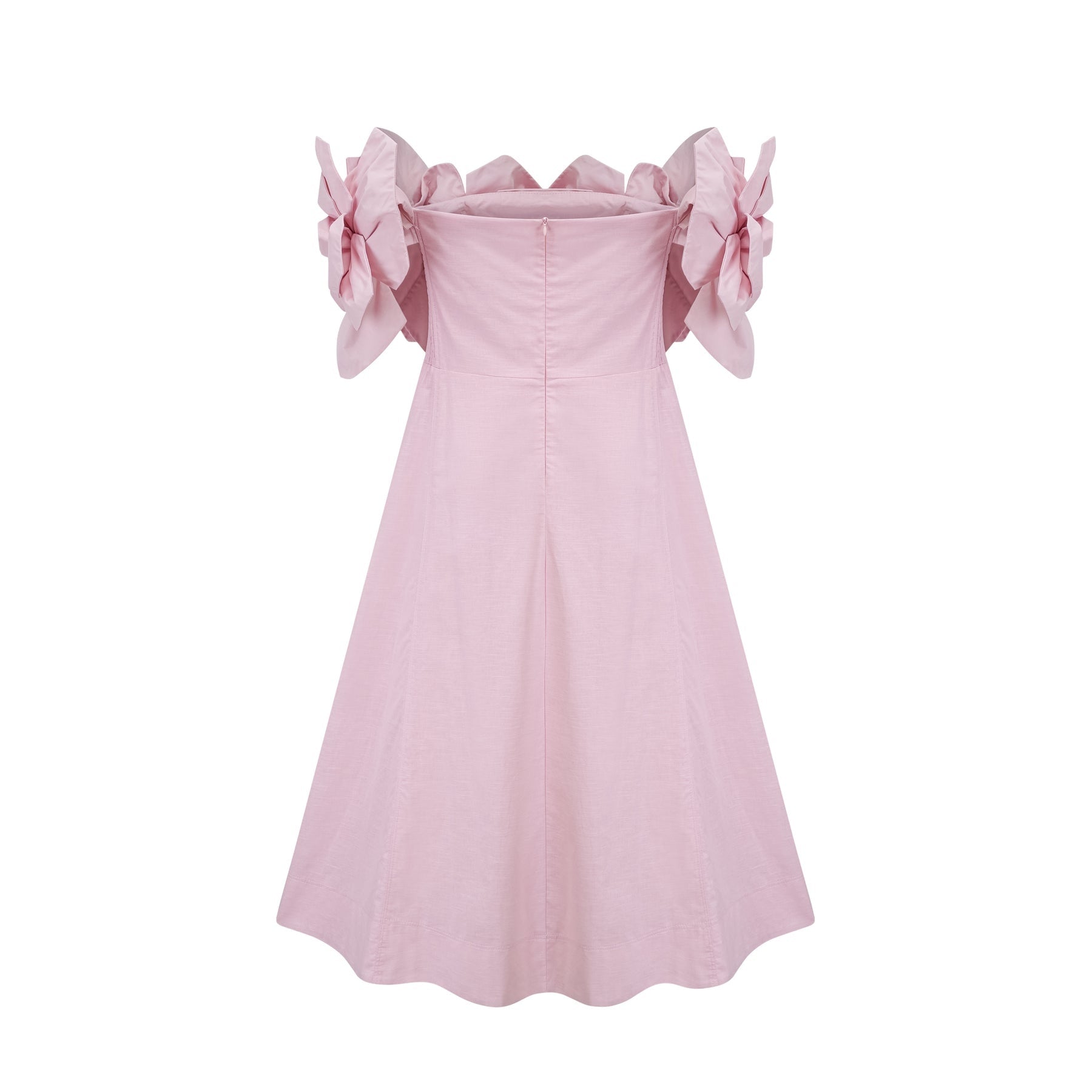 Fortuna Midi Dress - Off the Shoulder - Cinched Waist - 3D Petal Detailing - Flared Hem - Rear Zip Fastening